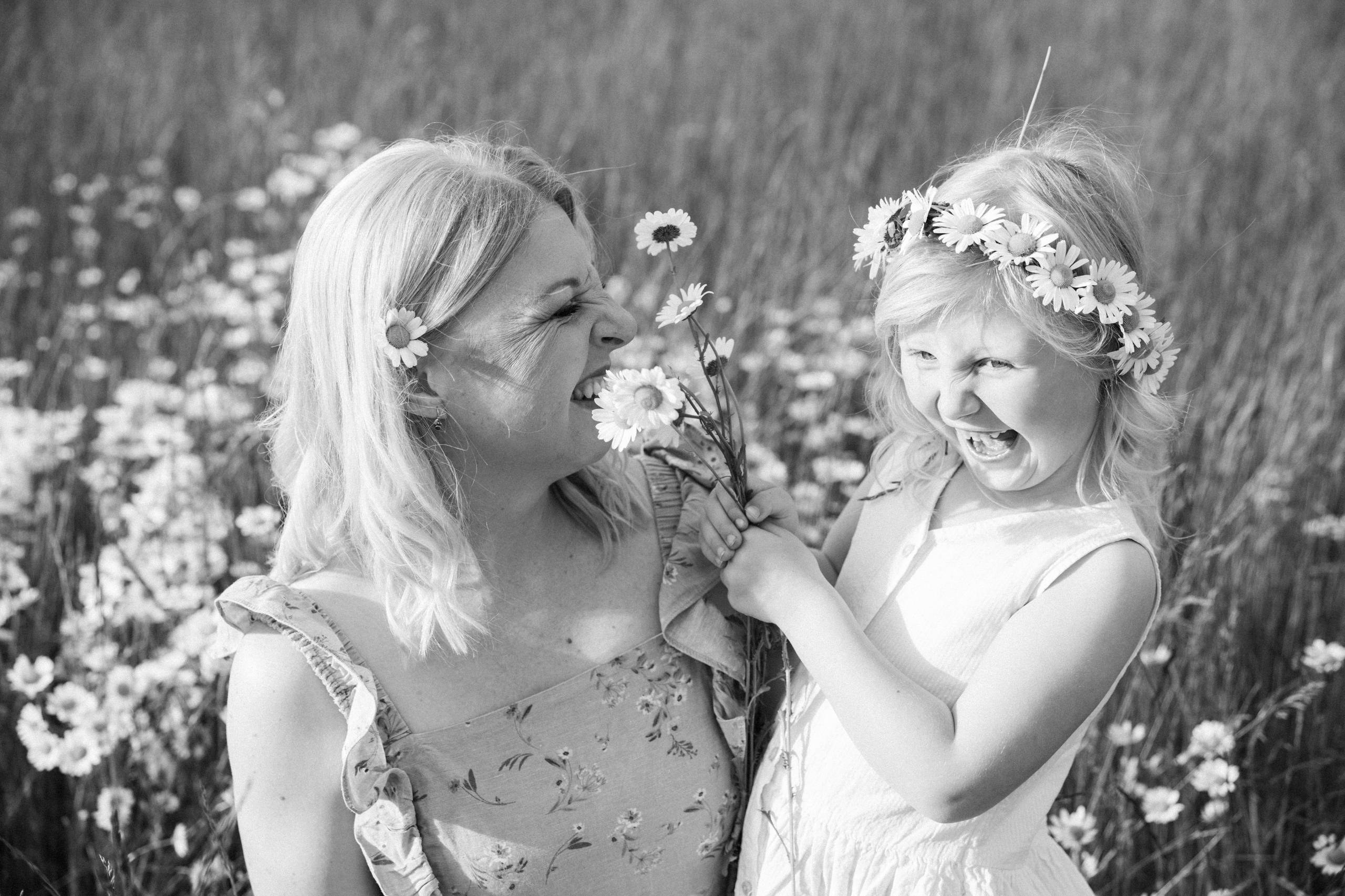 Family photoshoot in a daisy meadow at golden hour — natural light, warm tones, candid moments between a mother and her daughters. Lifestyle and Family Photographer in Pisek Oxana Telupilova