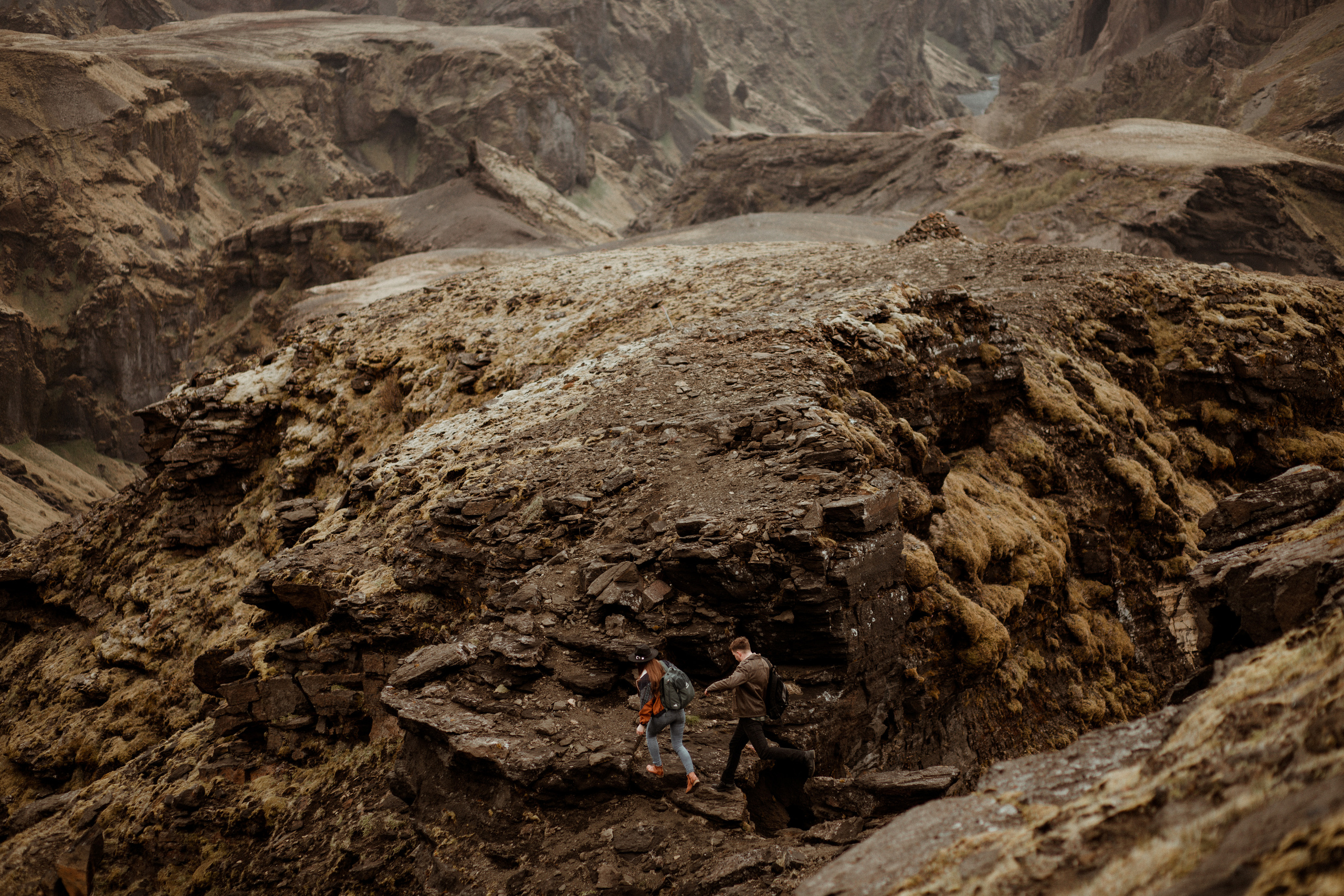Hiking photoshoot in highlands of Iceland. Iceland elopement photographer & videographer