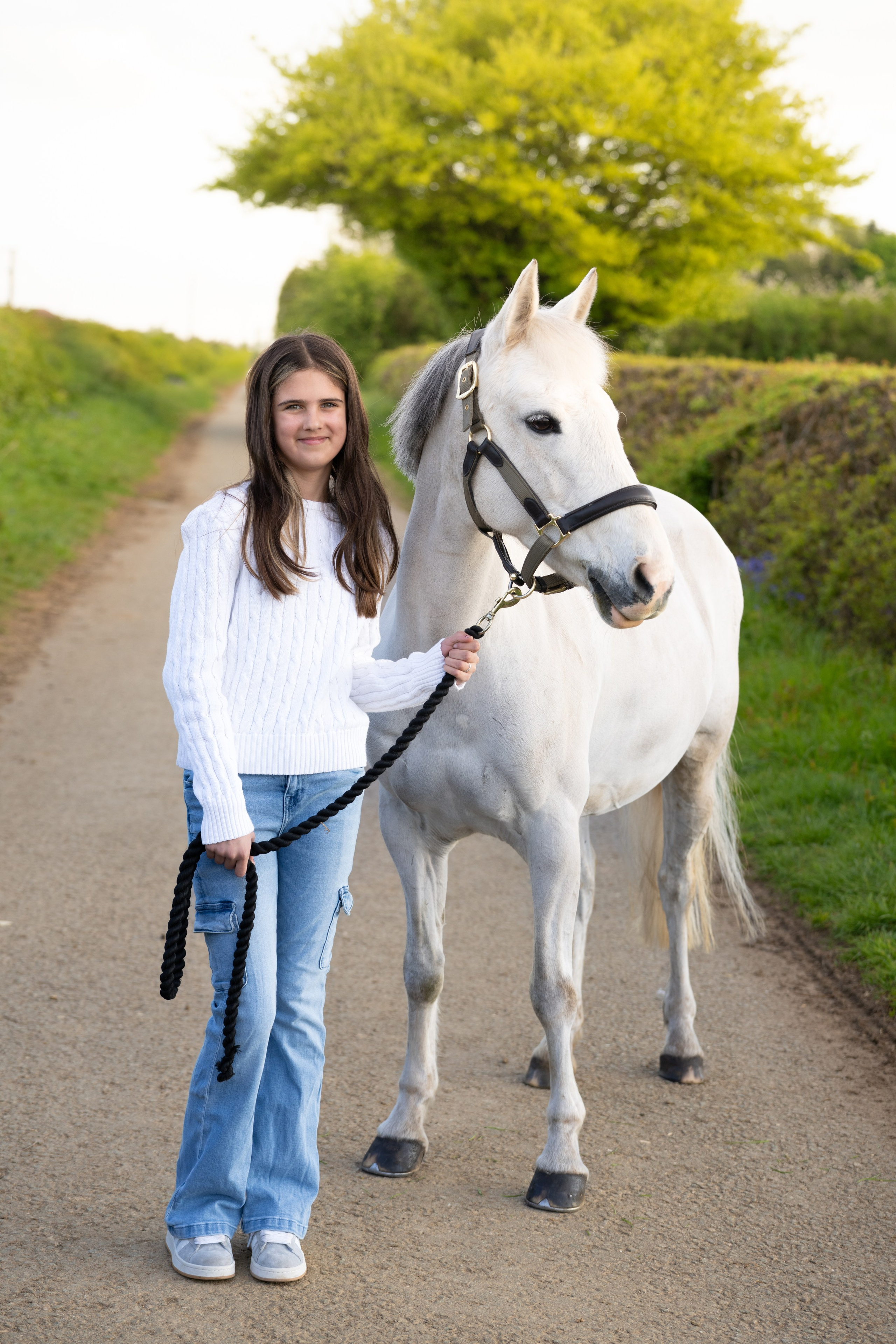 Creative horse portrait with leafy foreground and rider in background