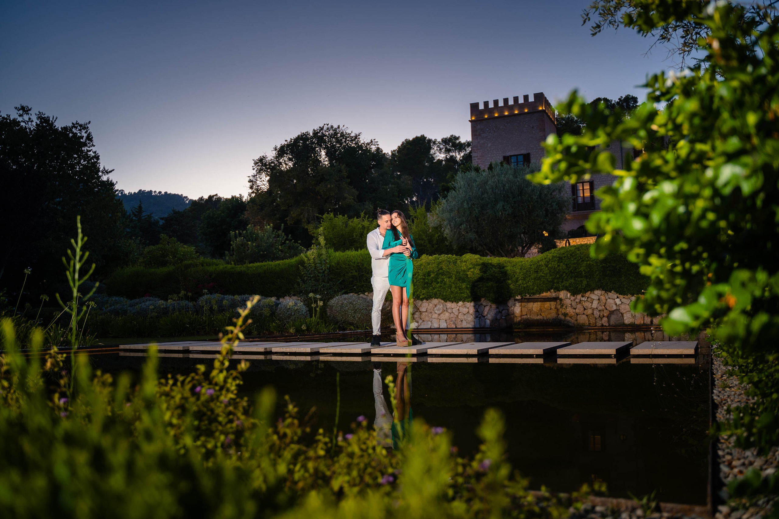 Sunset at Castell Son Claret Wedding Venue surprise proposal.