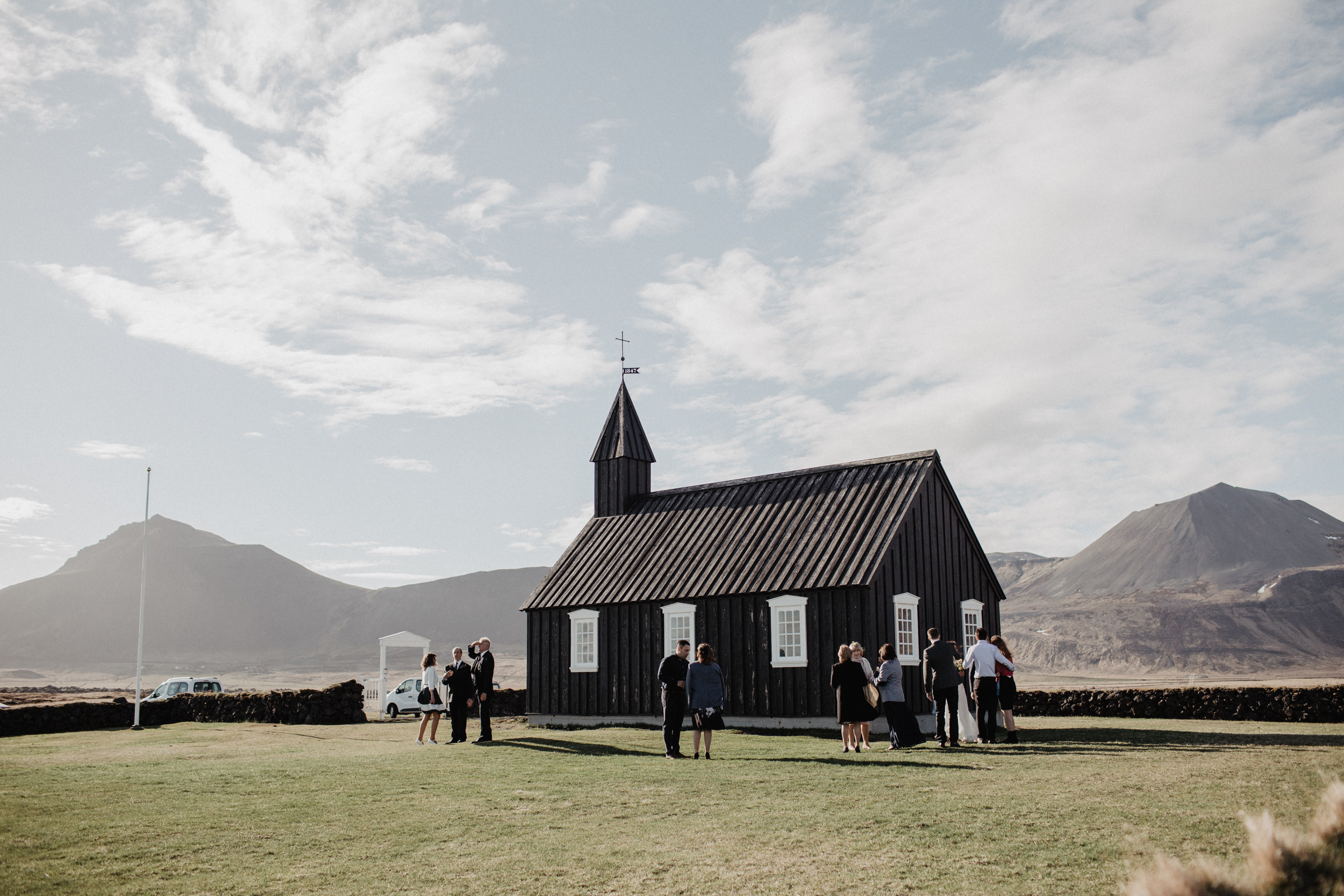 Wedding in Budir black church in Iceland. Iceland elopement photographer & videographer