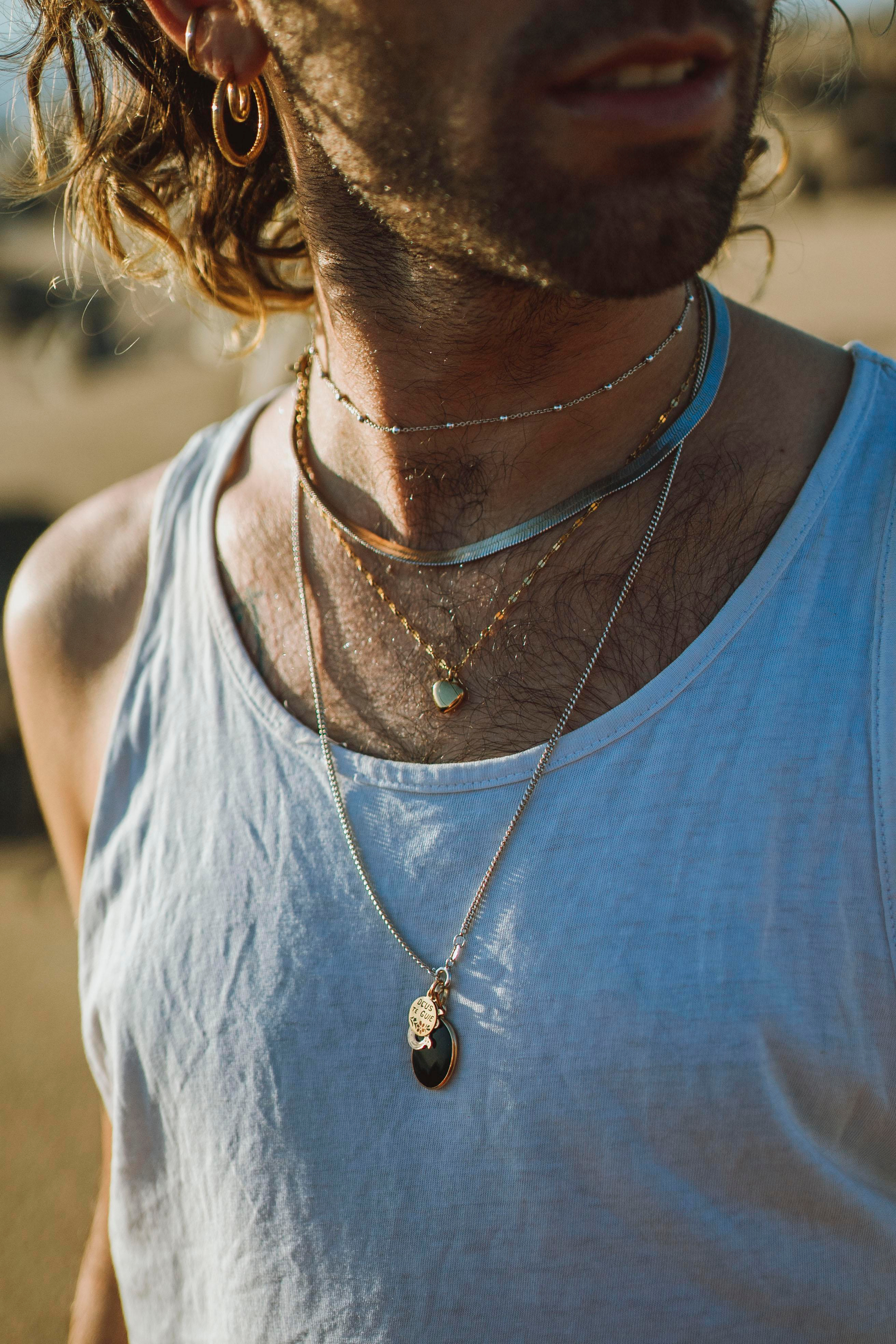 LGBTQ+, LGBT closeup detail of a collar, a white tank top, and curly hair.