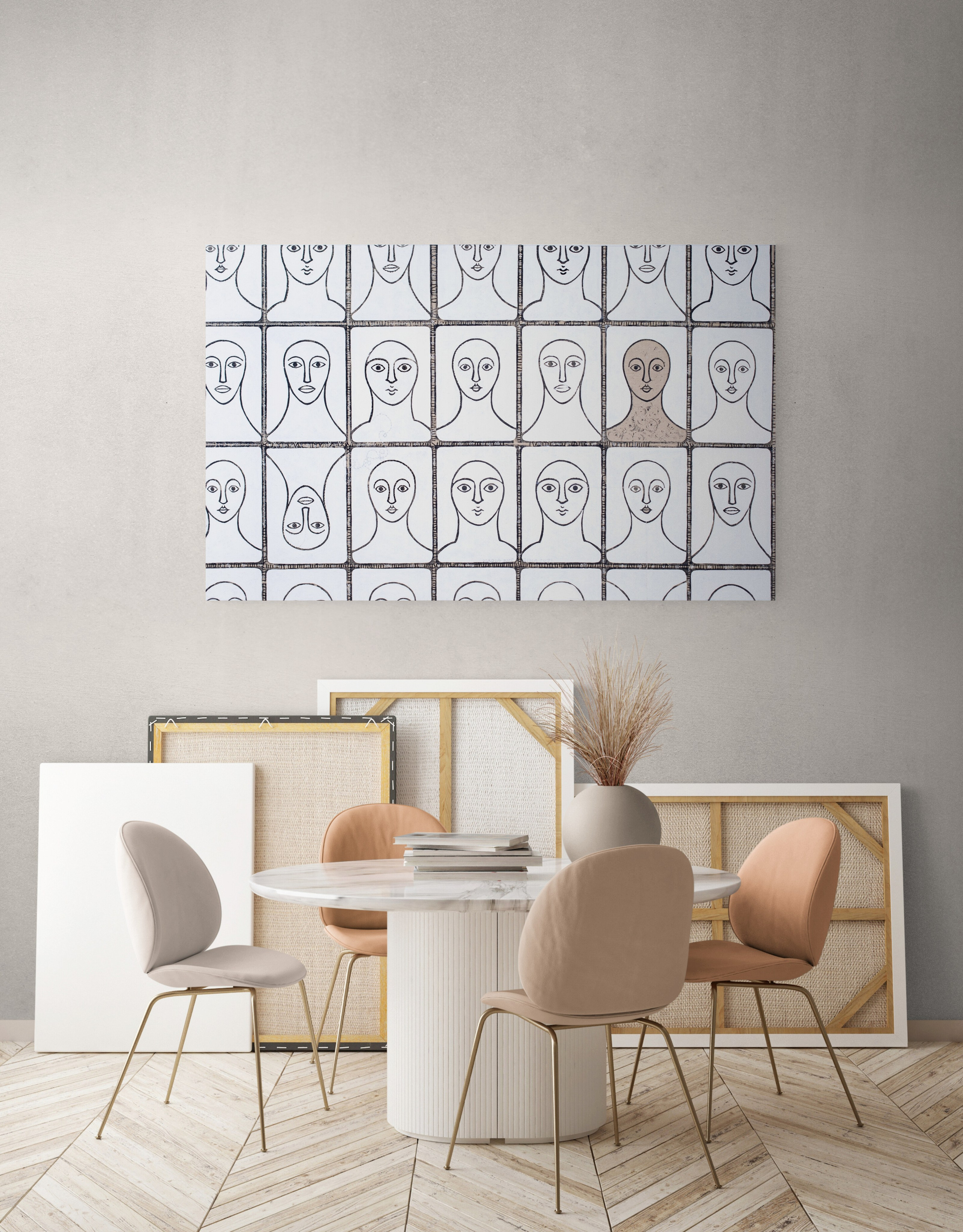 «Volti» Tecnica mista. Stampa su tela, ricamo su tela, olio su tela 90×144 cm. Nadia Kuprina. Artist