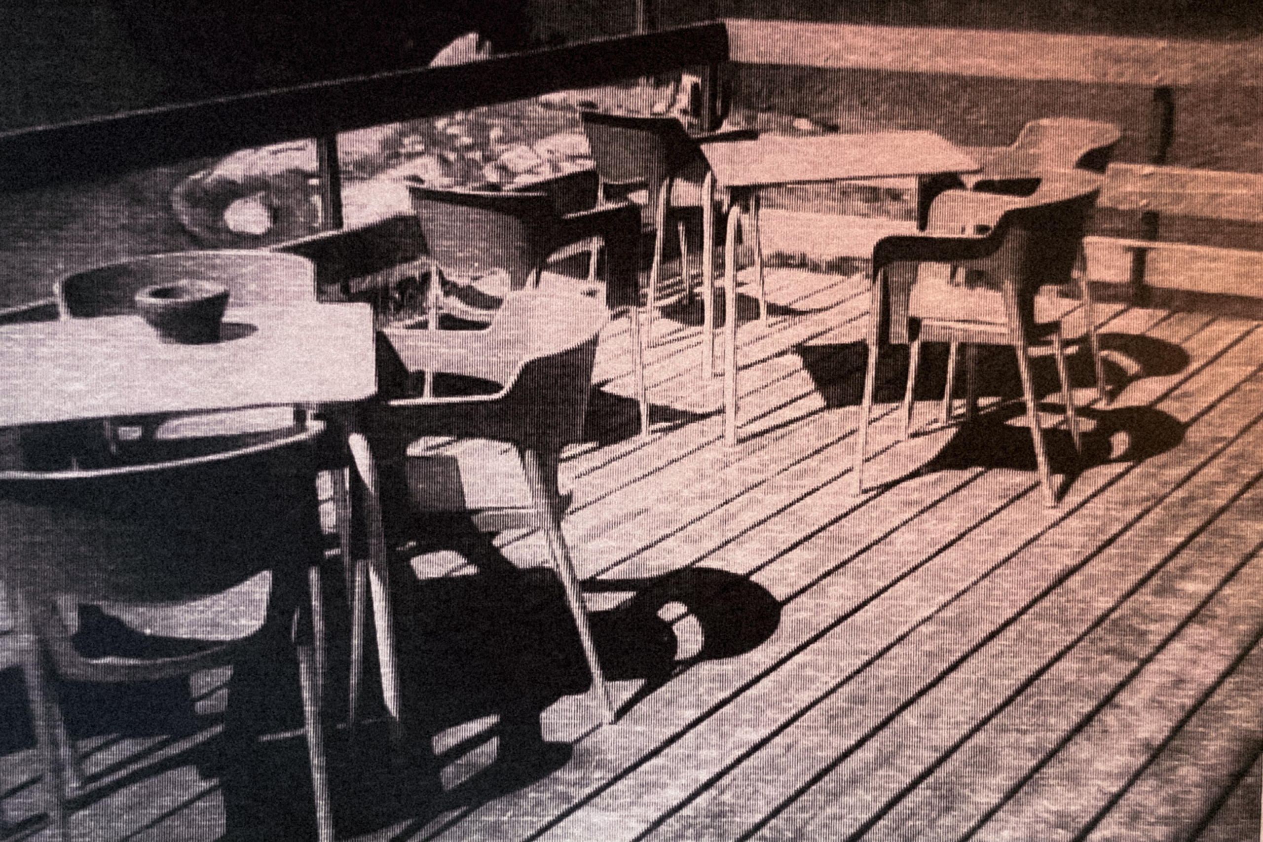 Black and white photo of a terrace captured on film camera with an artistic perspective, photography with a timeless feeling