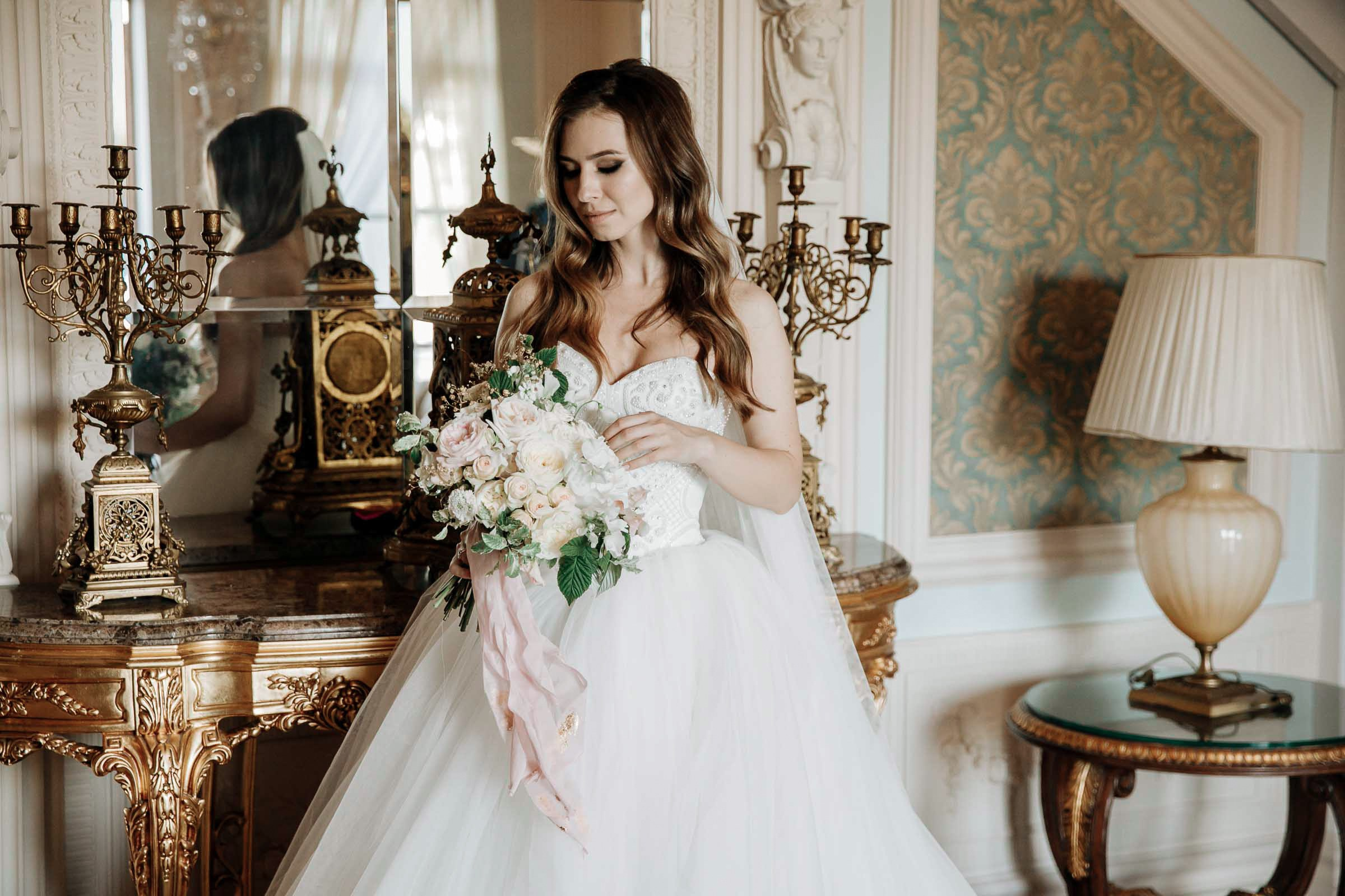 Bride's grand room portrait, by Tanya Bodgan, Bude wedding photographer.