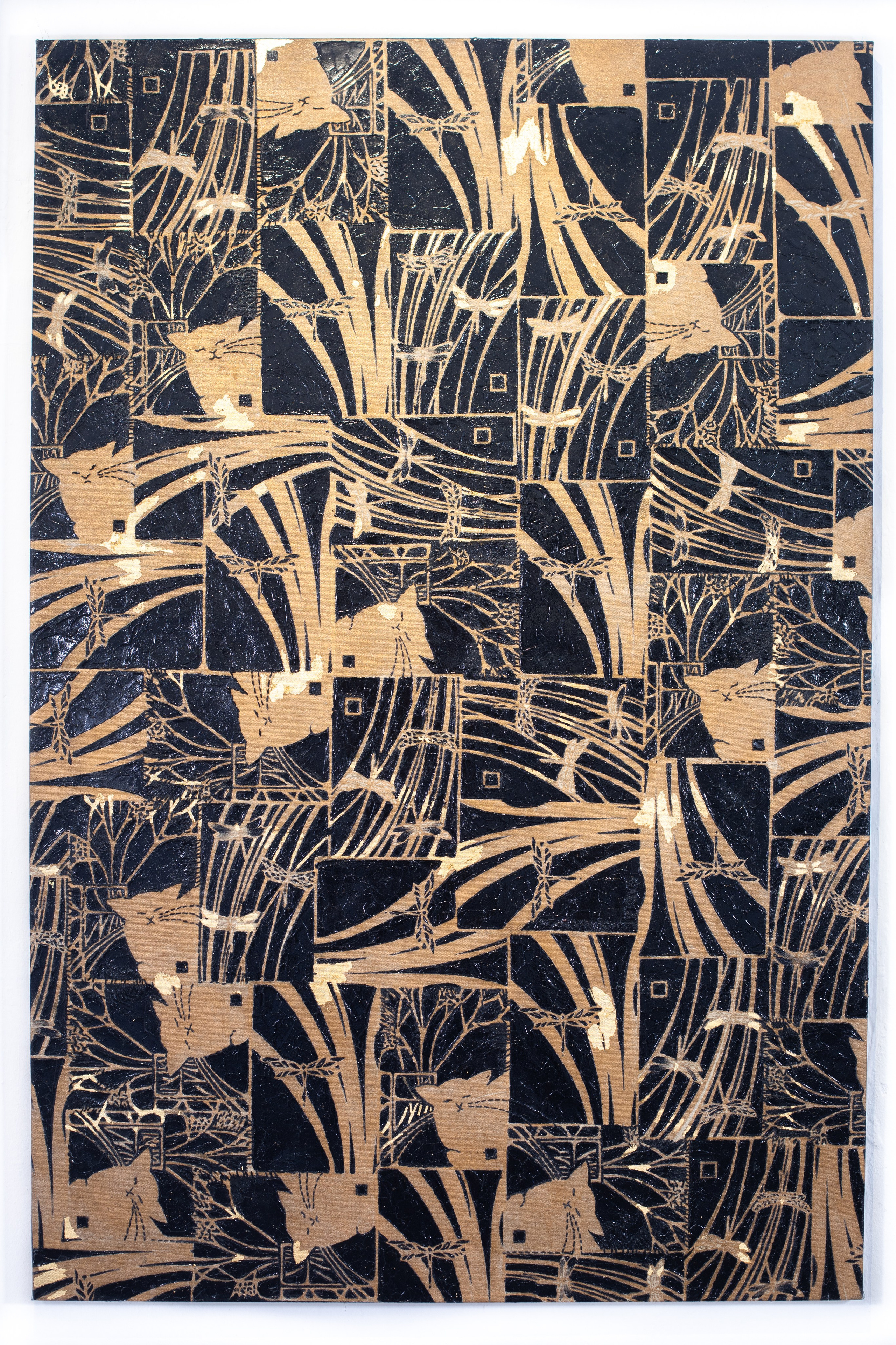 Gatti e Libellule» Oro/Nero. Tecnica Mista. Stampa su tela, ricamo su tela, olio su tela 90×136 cm. Nadia Kuprina. Artist