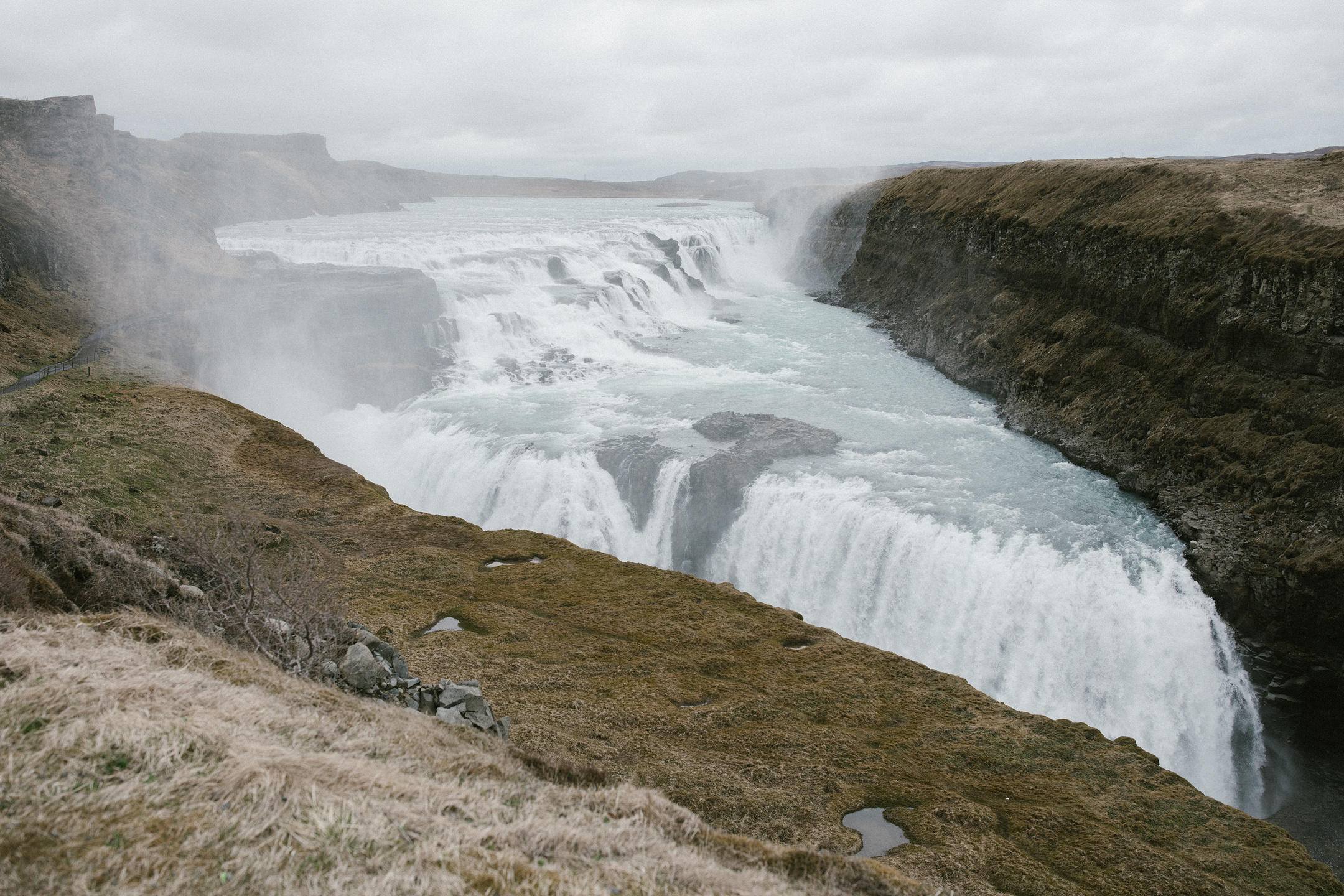 Misty Gullfoss waterfall during Iceland engagement photography