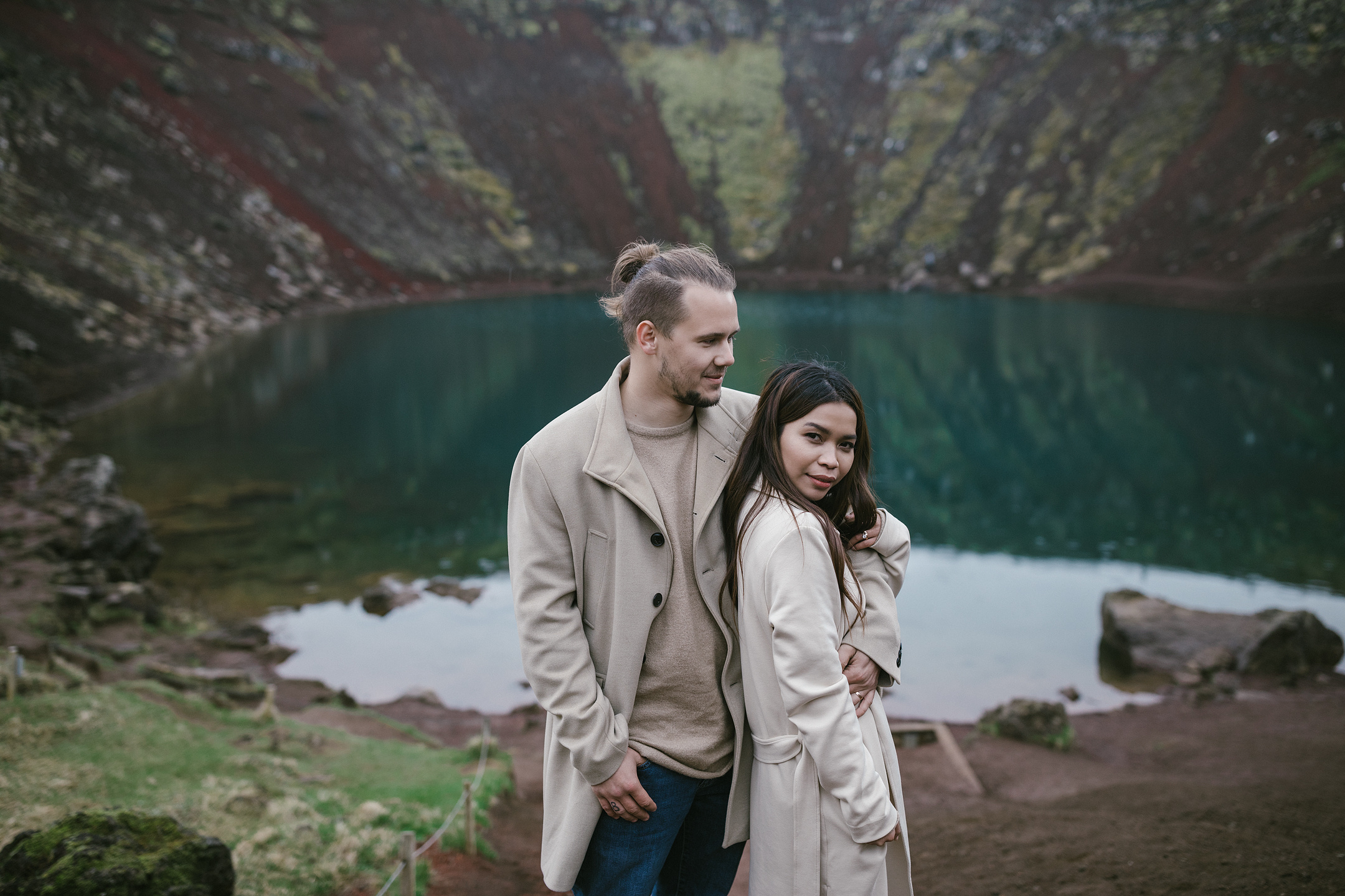 Engagement photography at Kerid crater lake in Iceland