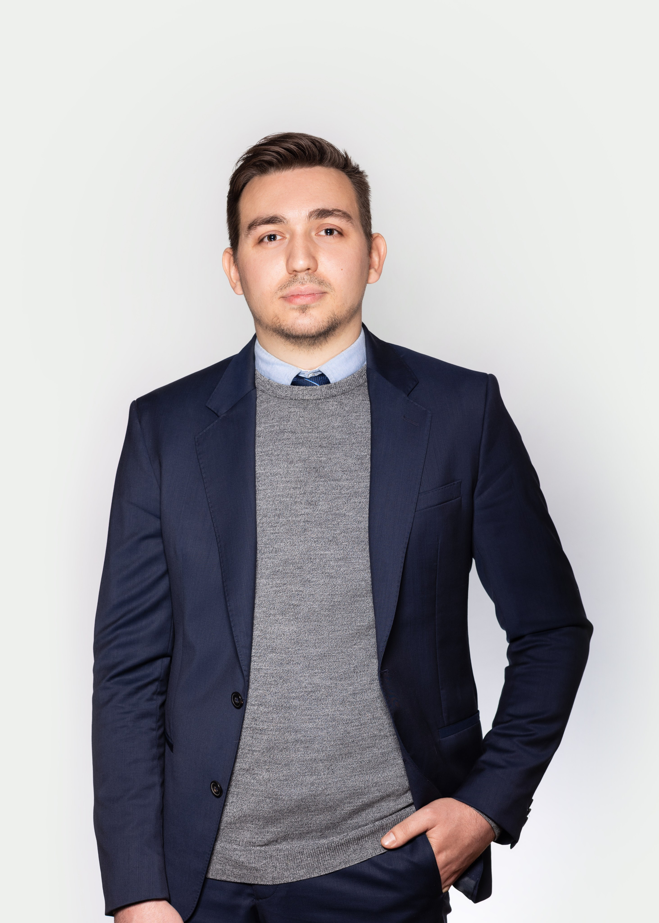 Corporate team member at 1 click Marketing, a business portrait on a white background