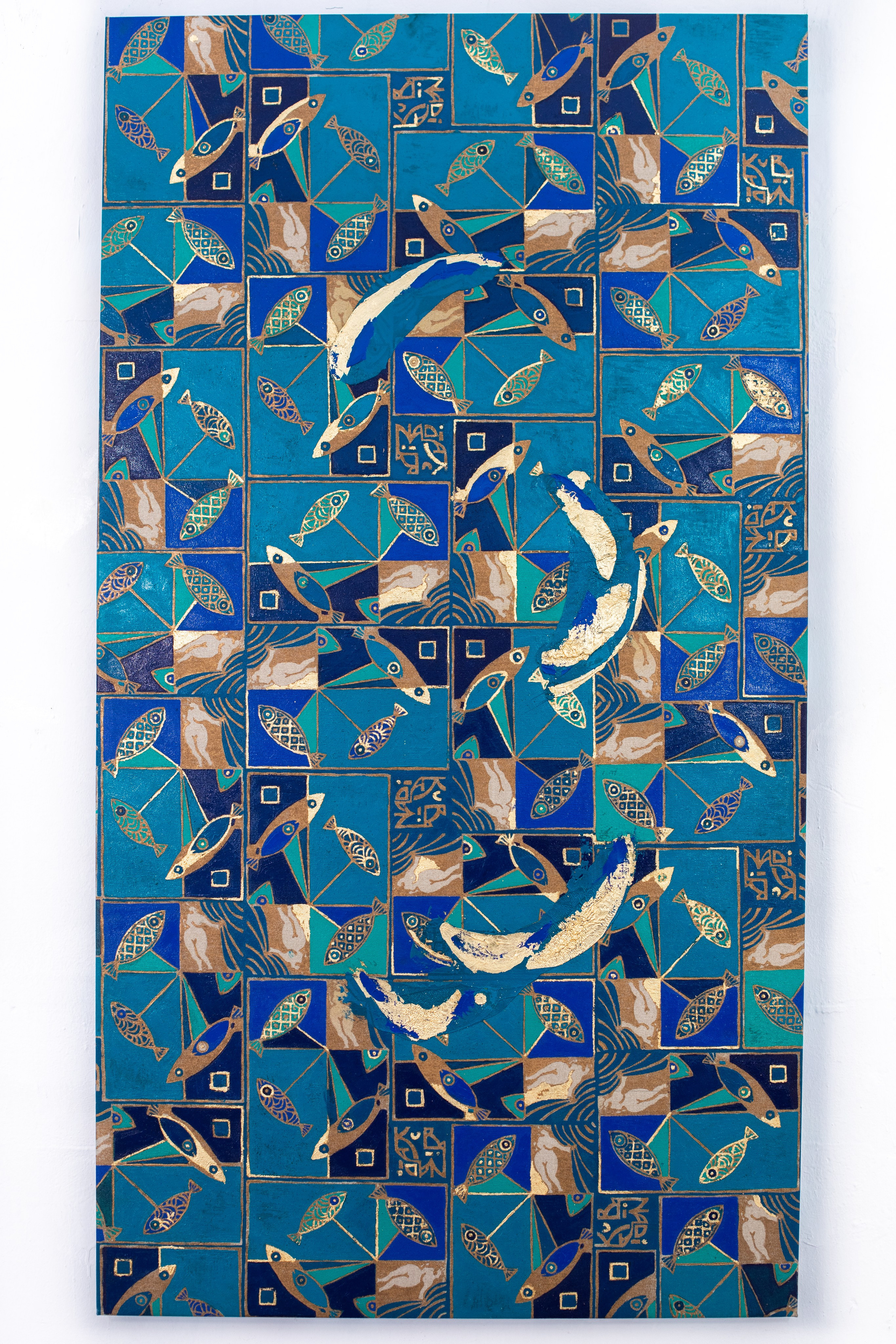 «Fish O ‘Clock» Tecnica mista, stampa su tela, ricamo su tela, olio su tela 70×130 cm. Nadia Kuprina. Artist