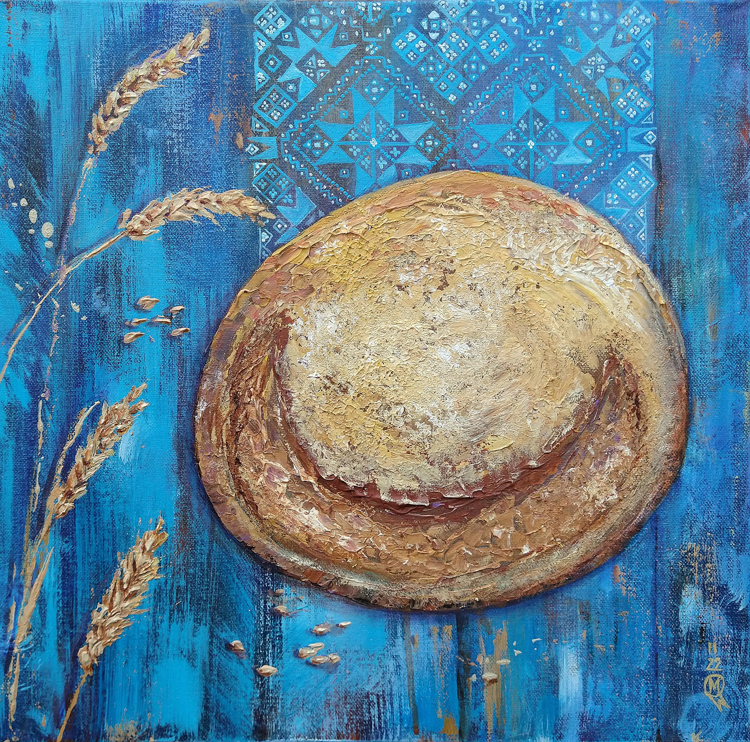 Palyanytsya  Acrylic on canvas. 16×16 in     SOLD   Bread from my childhood, freshly baked, still warm to touch. I loved the sides, you tear the big piece with the crunchy crust and soft air inside and with a big glass of milk. After half an hour all the sides are gone and only the inside is left.The pronanciation of the word‘Palyanytsya’ (Ukrainian: паляниця, became a test of a true Ukrainian.The pattern on the table is a common Ukrainian pattern used in folk clothes.     £450 -all profits go to Ukraine