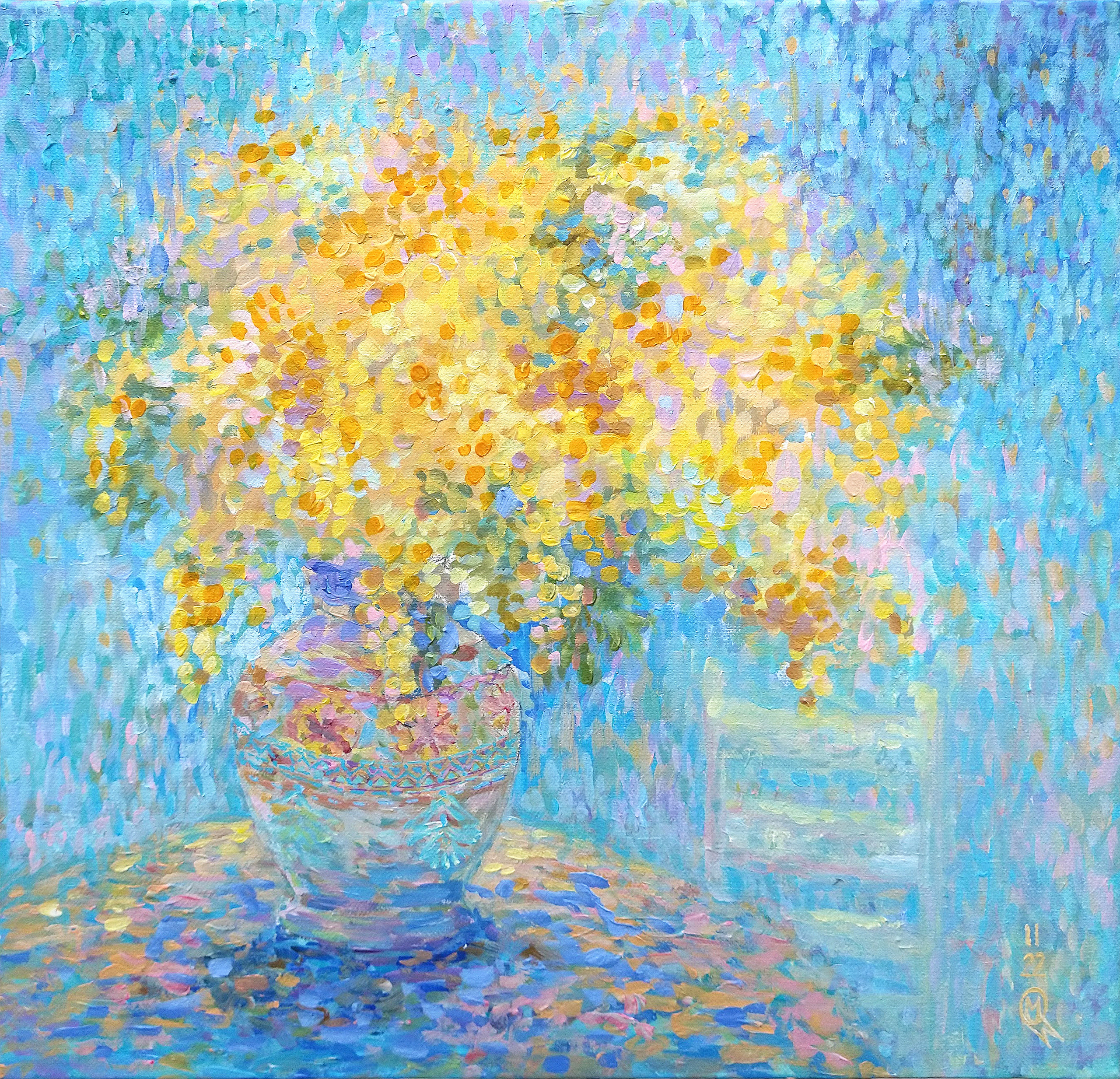 Mimosa     Acrylic on canvas.     16×16 in   SOLD          Spring is in the air and mimosa is in my hand. A traditional gift on the 8th of March with its special aroma that never leaves my heart. Happy women with flowers and smiling men around, is the best memory of thecelebration day. The Easter folk pattern on the clay pot is typical to traditional Ukrainian Pottery, (Pottery Utensils of IvanLevynsky’s Factory).