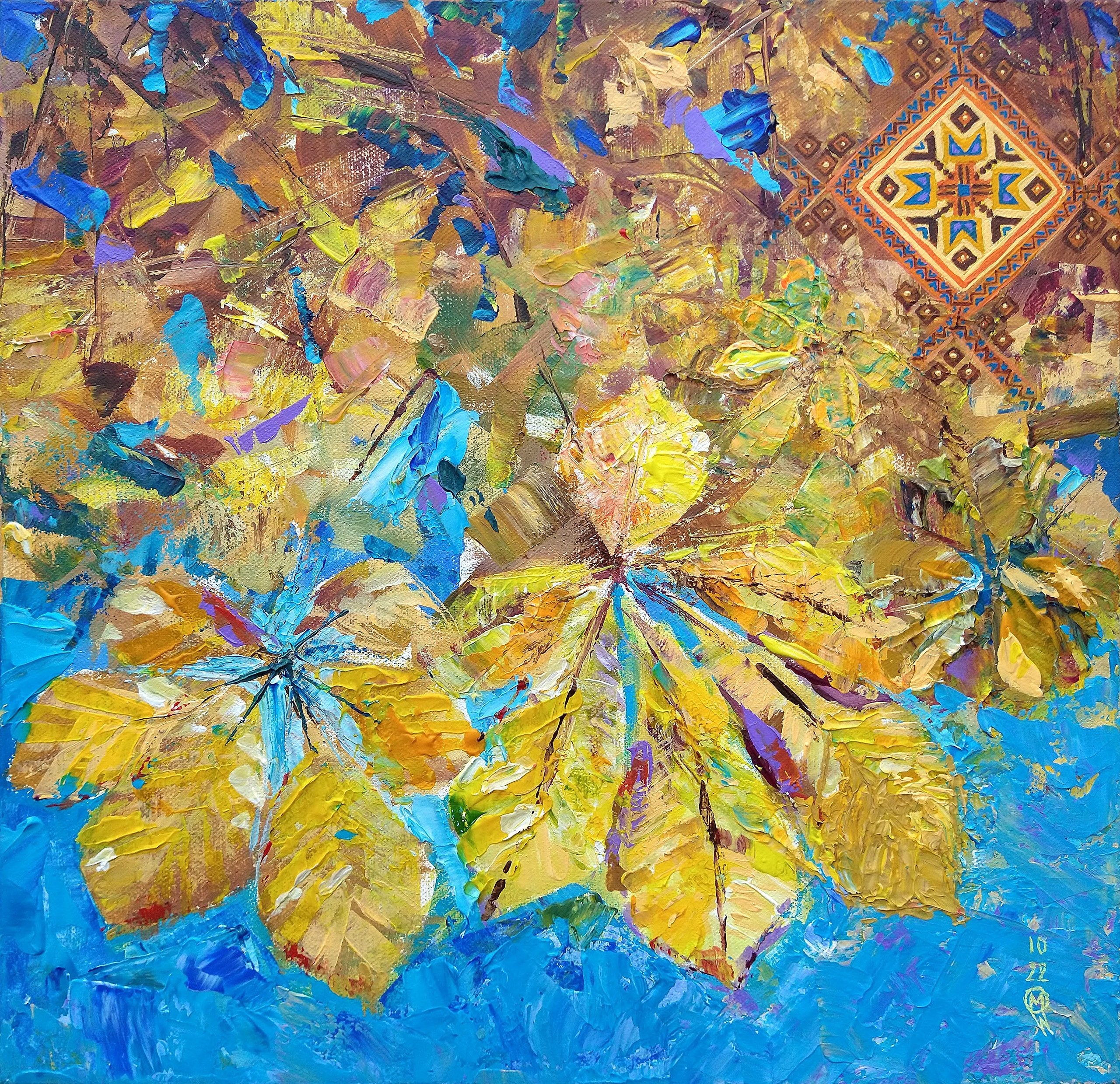 Kyiv’s chestnut trees     Acrylic on canvas. 16×16 in SOLD I thought that chestnut trees only grow in Kyiv. They feel so natural there that you would think that they were born there. How great to see lots of them in Cambridge, reminders of my Ukraine: the alley in the botanical garden next to ‘University’ subway stop, my favourite Kyiv’s cake with big chestnut leaves on the box and of course a subway token. Diamond shape pattern in the right corner is traditional for Kyiv Region.    