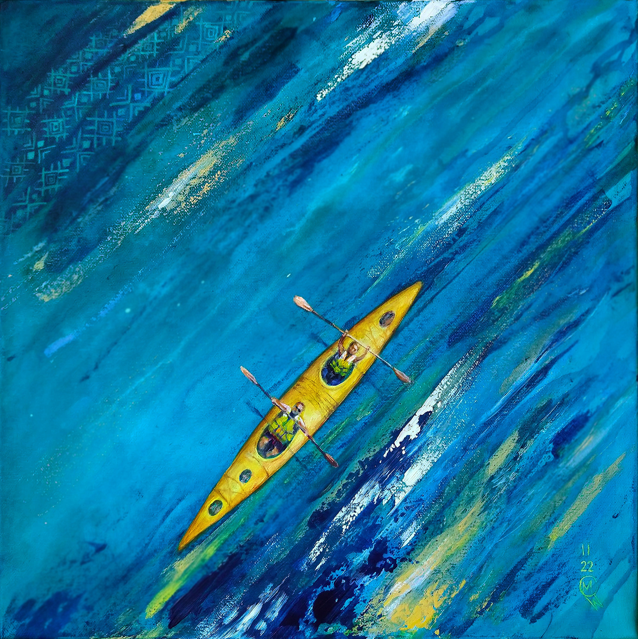 Blue Adrenalin   Acrylic on canvas. 16×16 in   Love at first sight with Carpathian lakes and rivers. Trips to the west of Ukraine, Lviv region and Ivano-Frankivsk region, surrounding lakes and mountains during my university years made me fall in love with folk art, western dialects and the dynamic, modern life with the strong authentic touch of traditions. I learnt to live my life in full colour and capacity, making it bright and memorable and to still be yourself with strong identity. The pattern in the left corner is common in the western part of Ukraine. £450 - all profits go to Ukraine