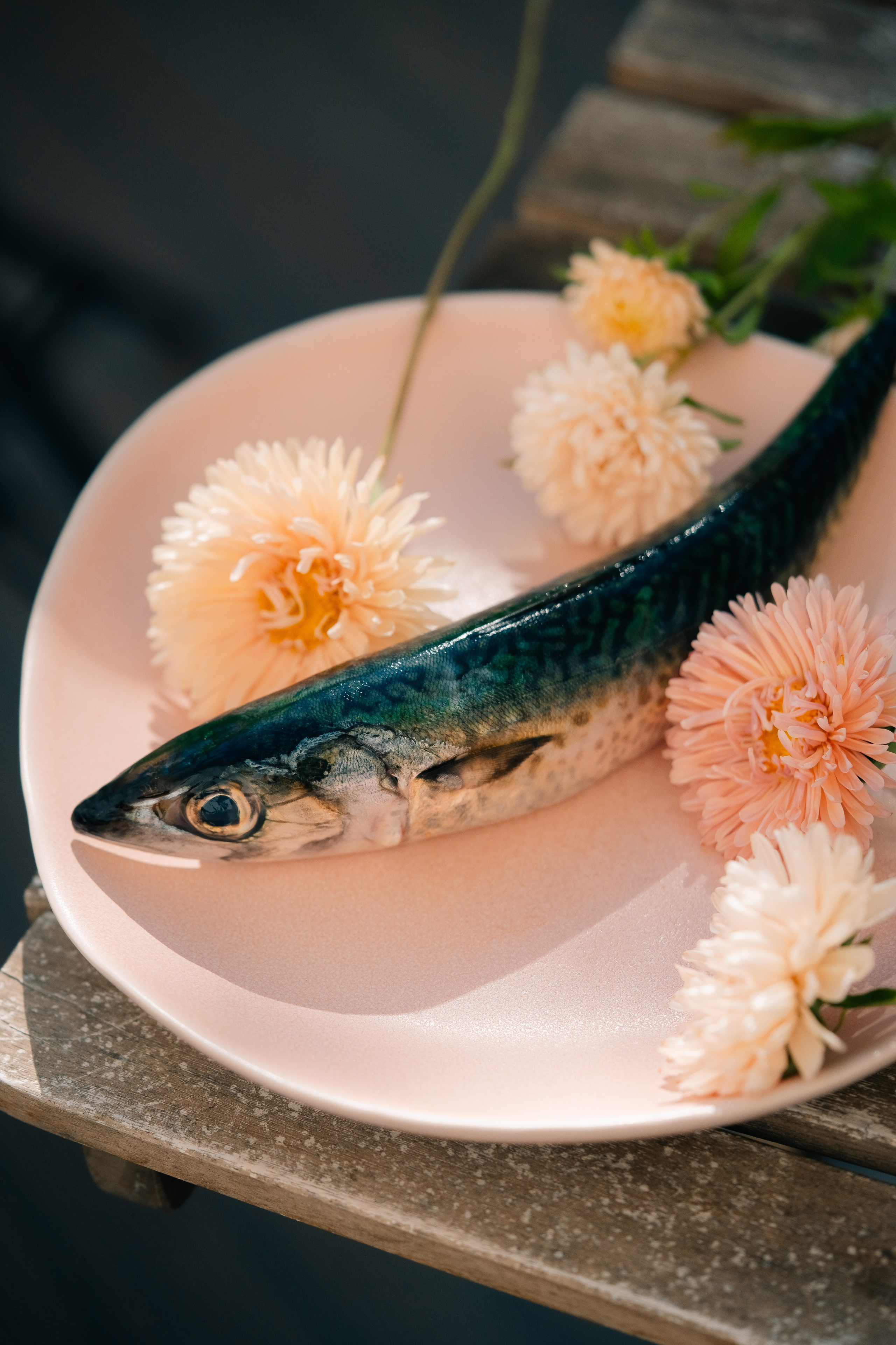 Mackerel fresco com flores decorativas no prato rosa.  A configuração é colocada em uma superfície de madeira rústica.