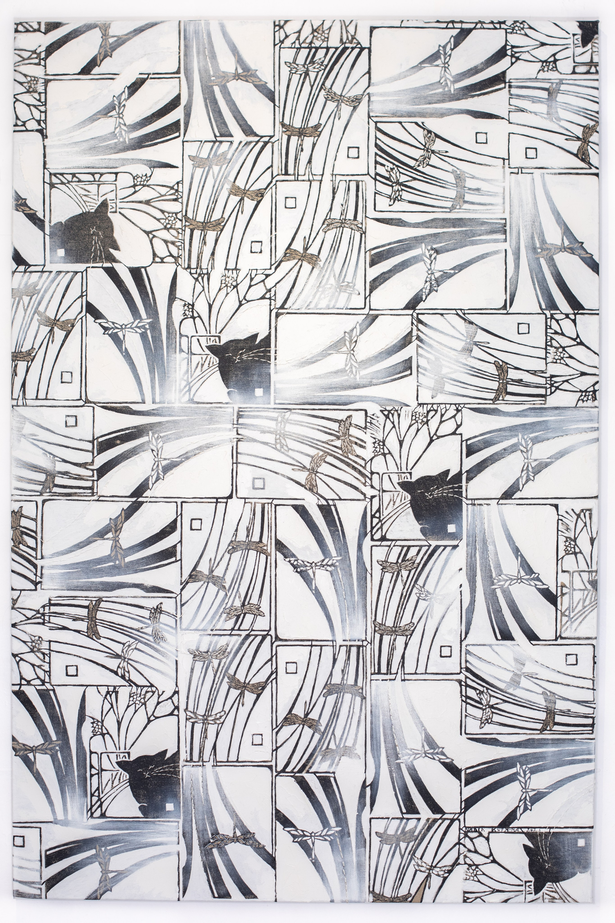 «Gatti e Libellule» Bianco/Nero. Tecnica mista. Stampa su tela, ricamo su tela, olio su tela 90×135 cm. Nadia Kuprina. Artist