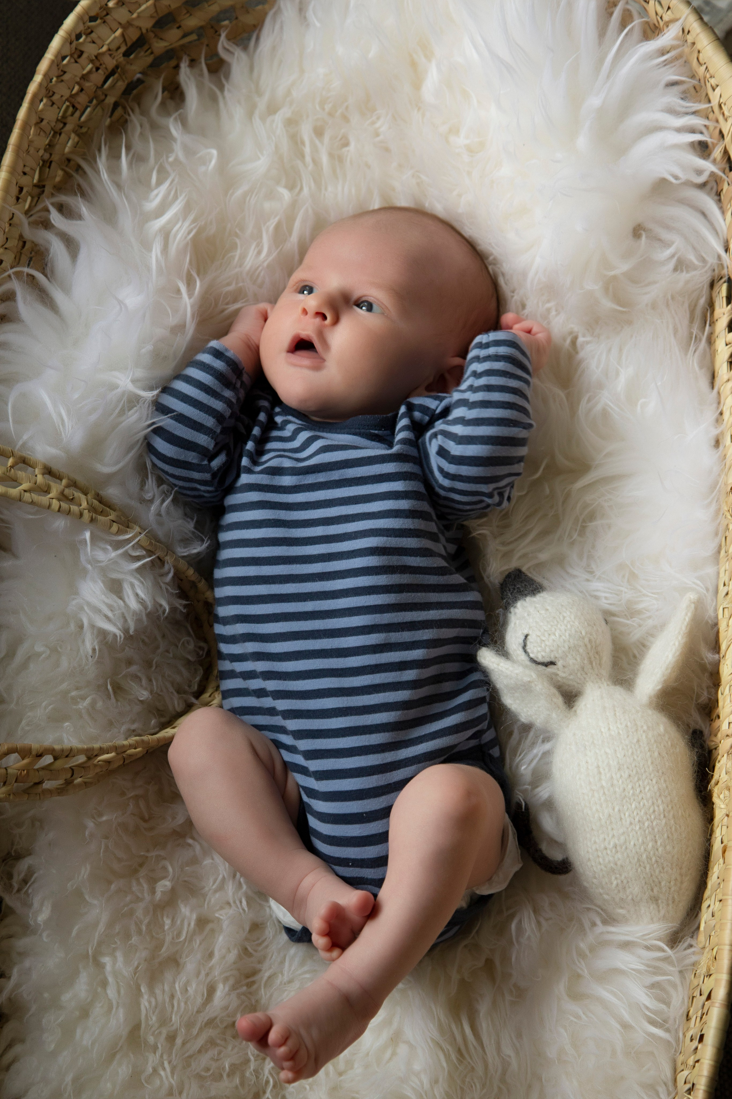 Newborn baby gazing at sunlight streaming through the window, eyes wide with curiosity