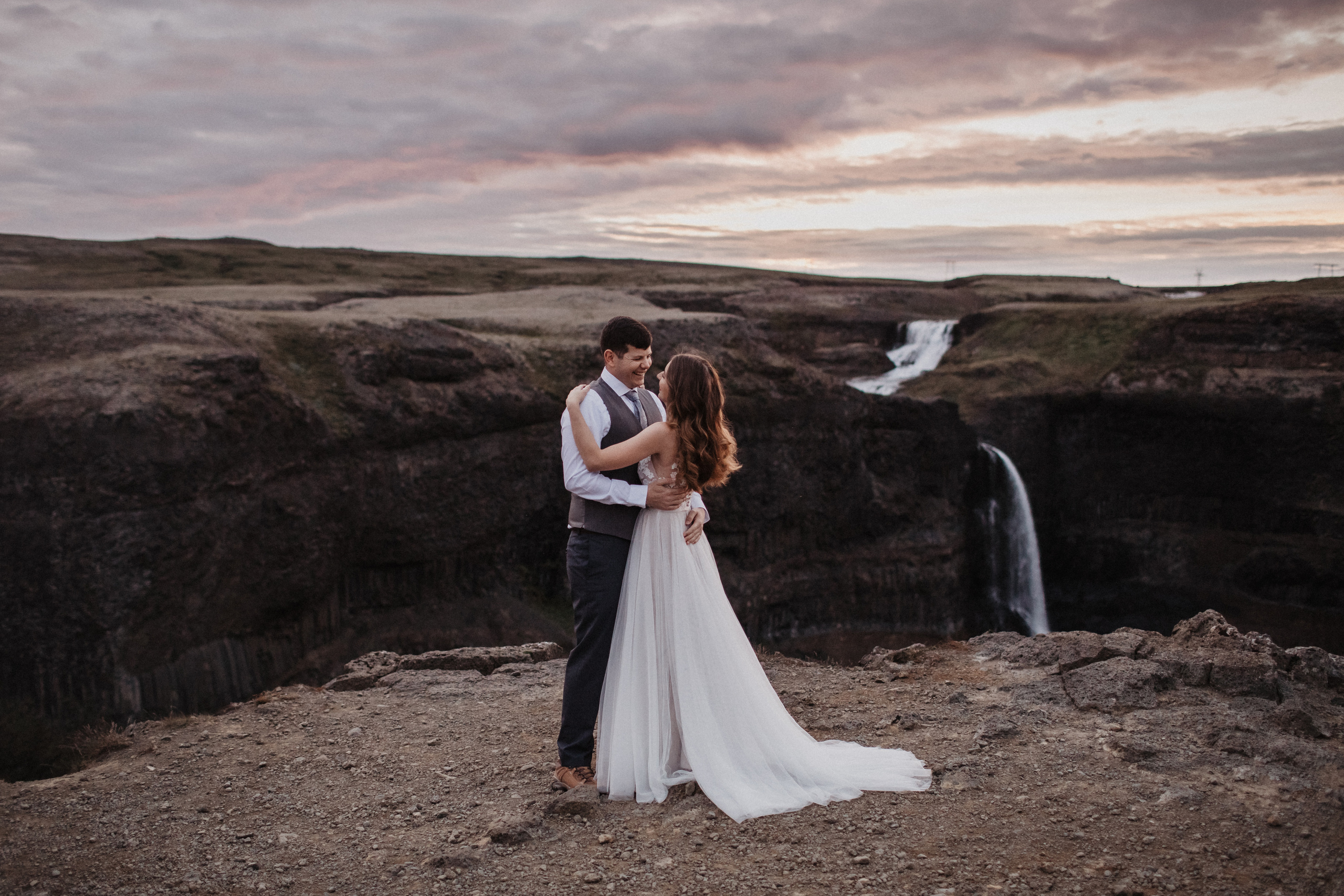 Midnight sun elopement at Haifoss in Iceland. Iceland elopement photo and video | Nikolaichik Photo