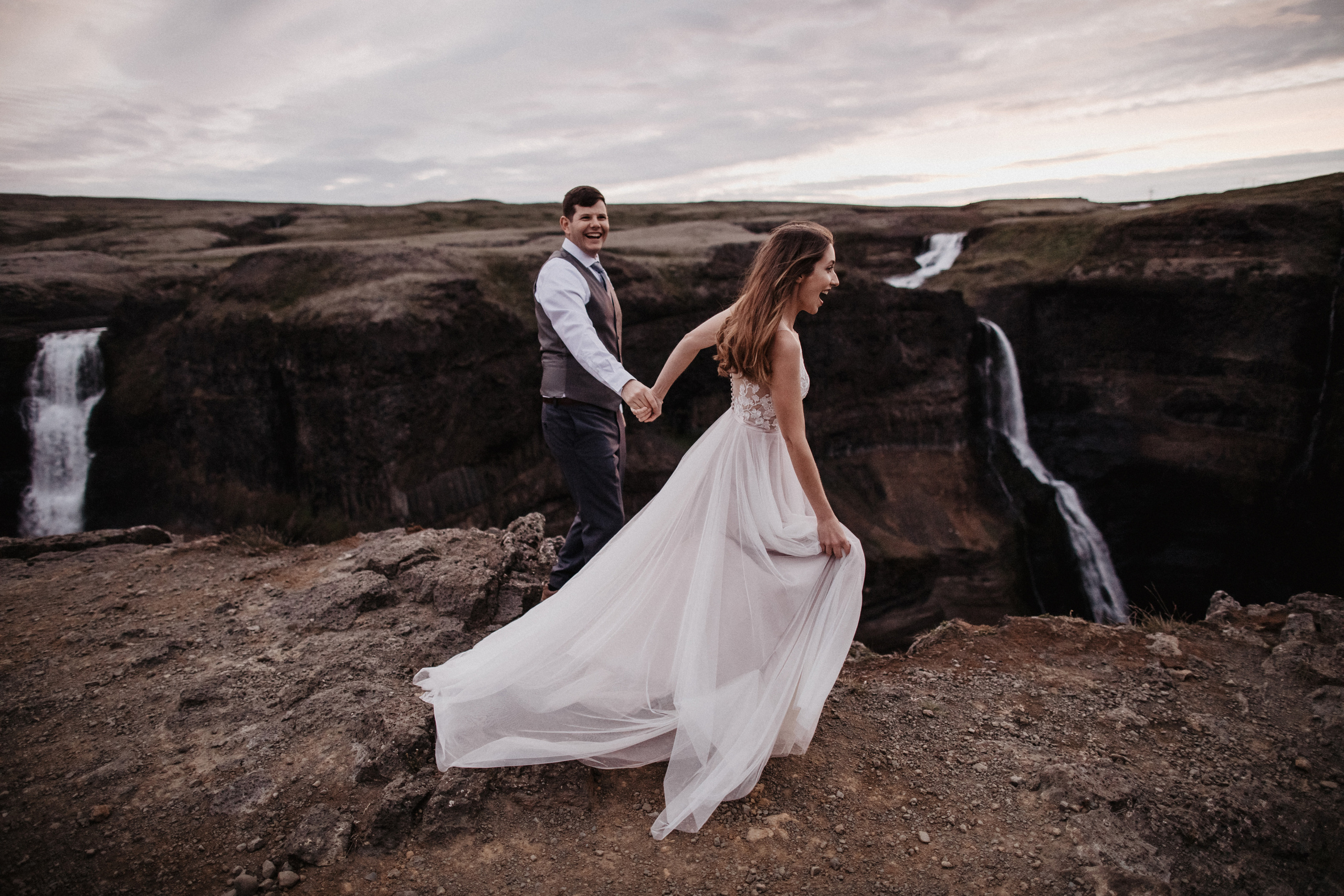 Midnight sun elopement at Haifoss in Iceland. Iceland elopement photo and video | Nikolaichik Photo