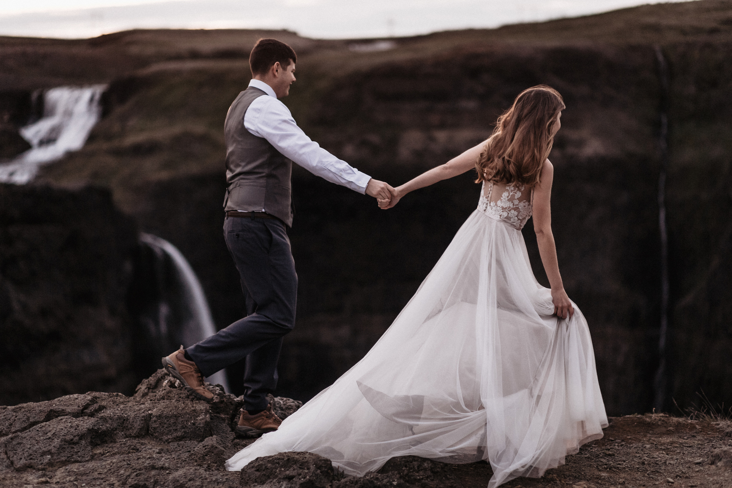 Midnight sun elopement at Haifoss in Iceland. Iceland elopement photo and video | Nikolaichik Photo