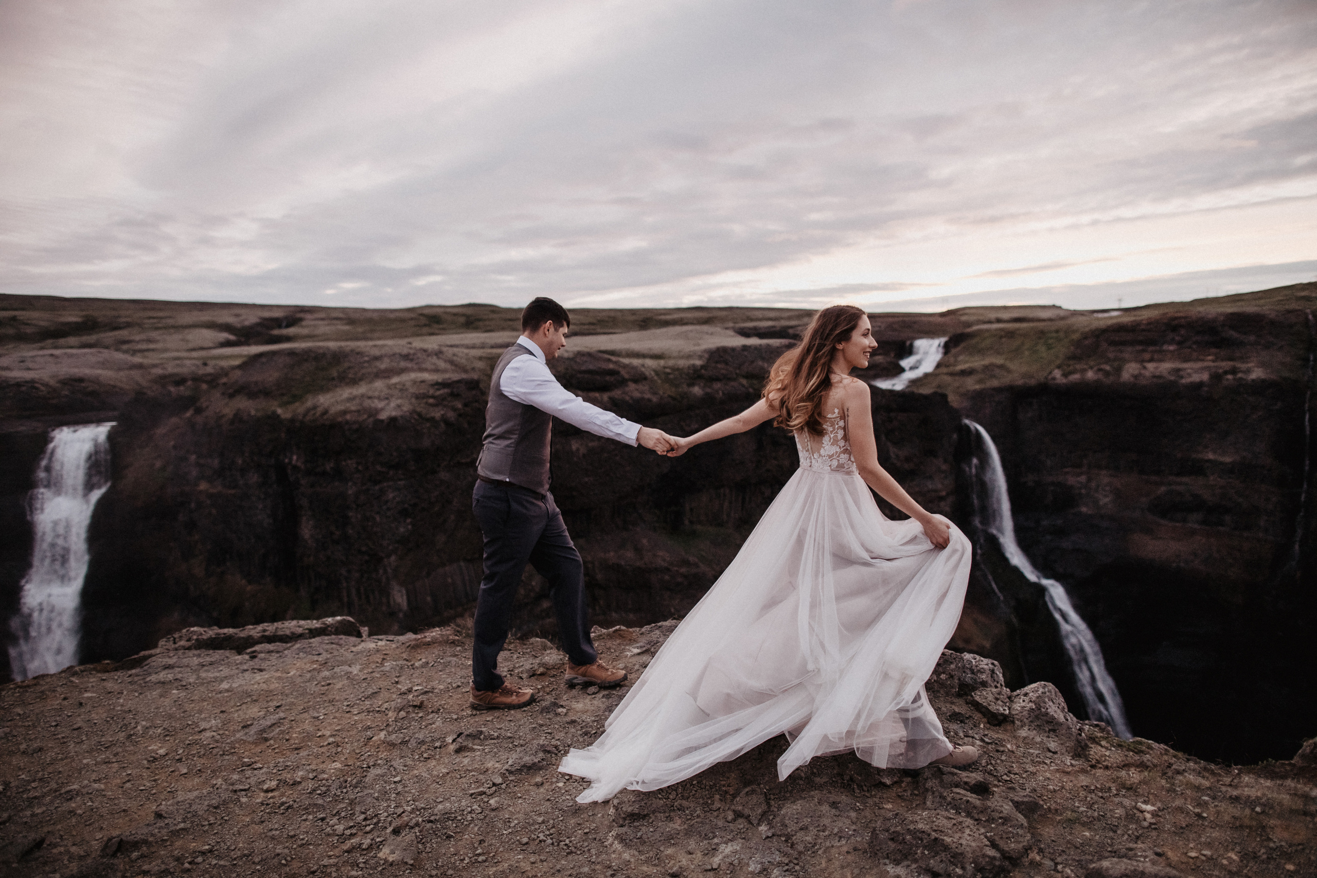 Midnight sun elopement at Haifoss in Iceland. Iceland elopement photo and video | Nikolaichik Photo
