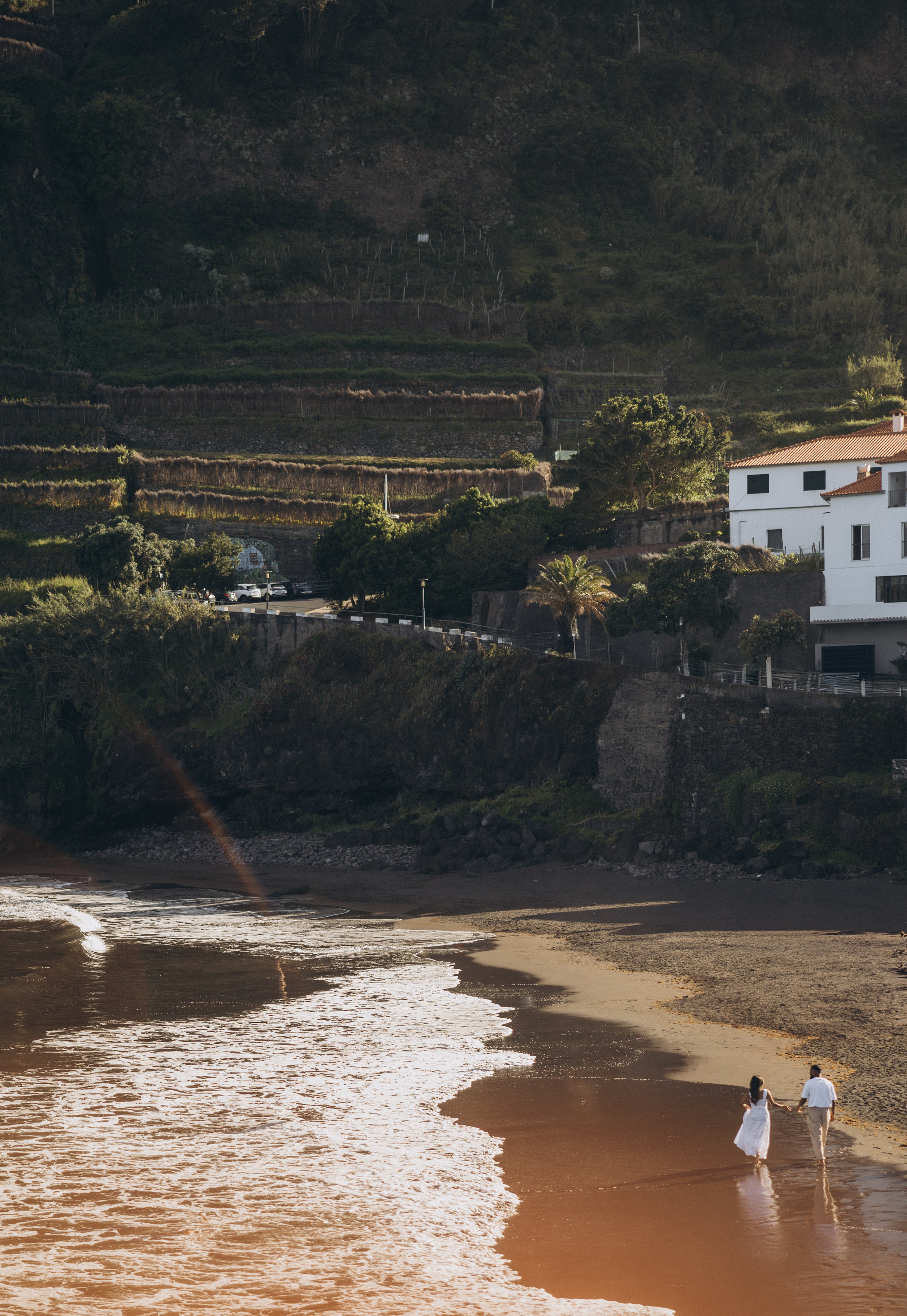 Proposal at Seixal Beach, Madeira – romantic engagement by the ocean, capturing intimate moments on the black sand shore