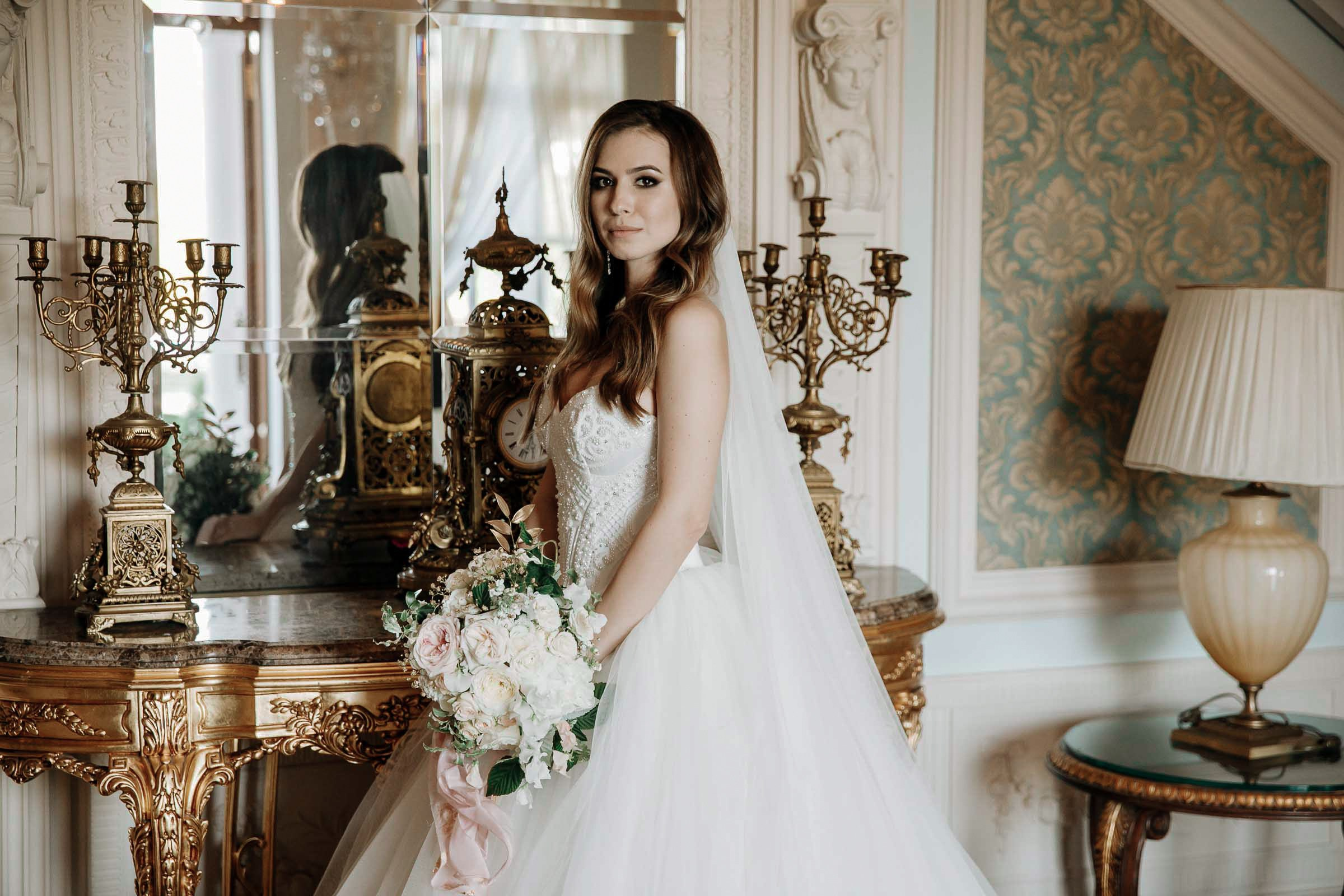 Bride's grand room portrait, by Tanya Bodgan, Bude wedding photography.