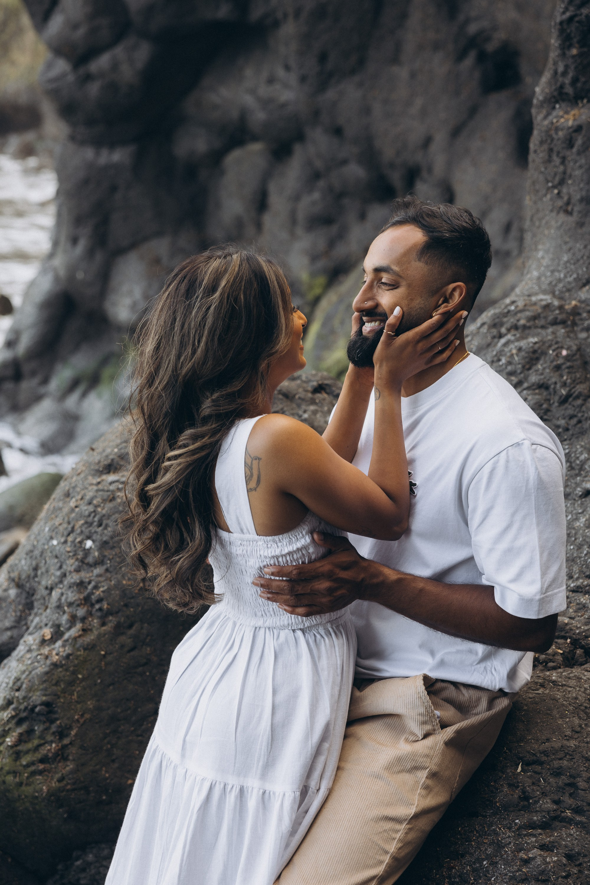 Proposal at Seixal Beach, Madeira – romantic engagement by the ocean, capturing intimate moments on the black sand shore