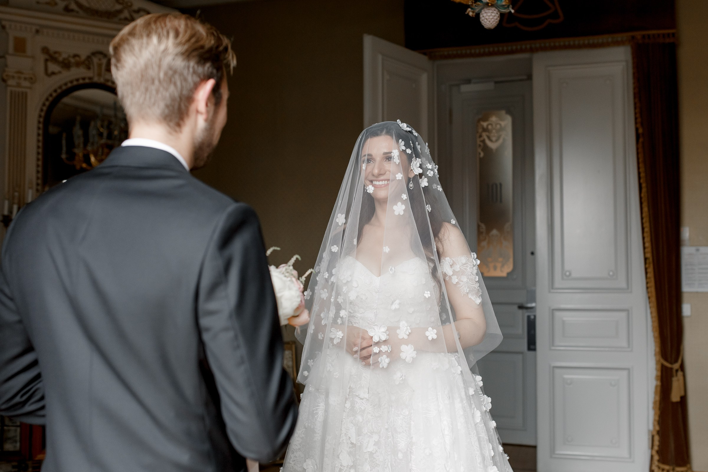 Couple’s elegant grand room portrait, by Cornwall wedding photographer.