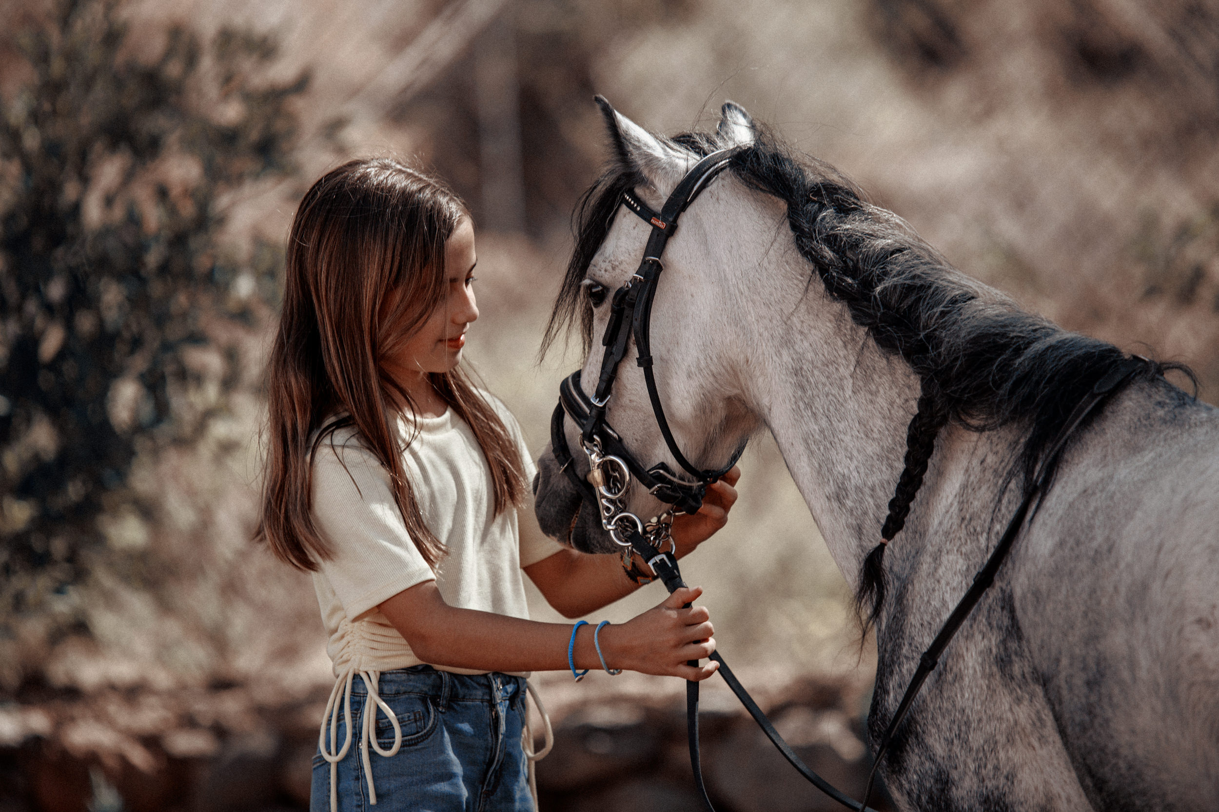 Portrait photo shoot  little girl petting a white horse.