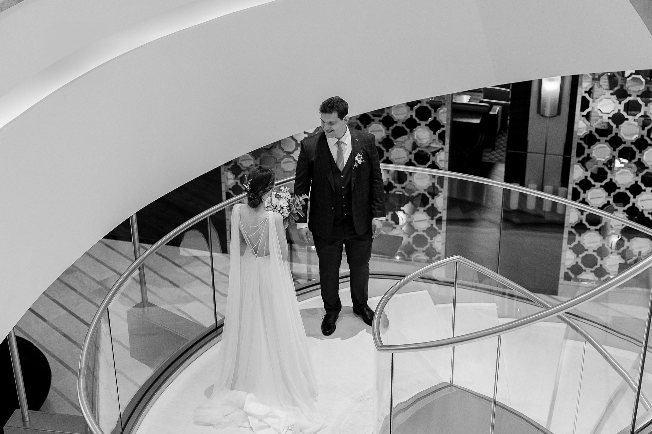 Groom’s reaction to bride, by Bude, Cornwall wedding photographer.