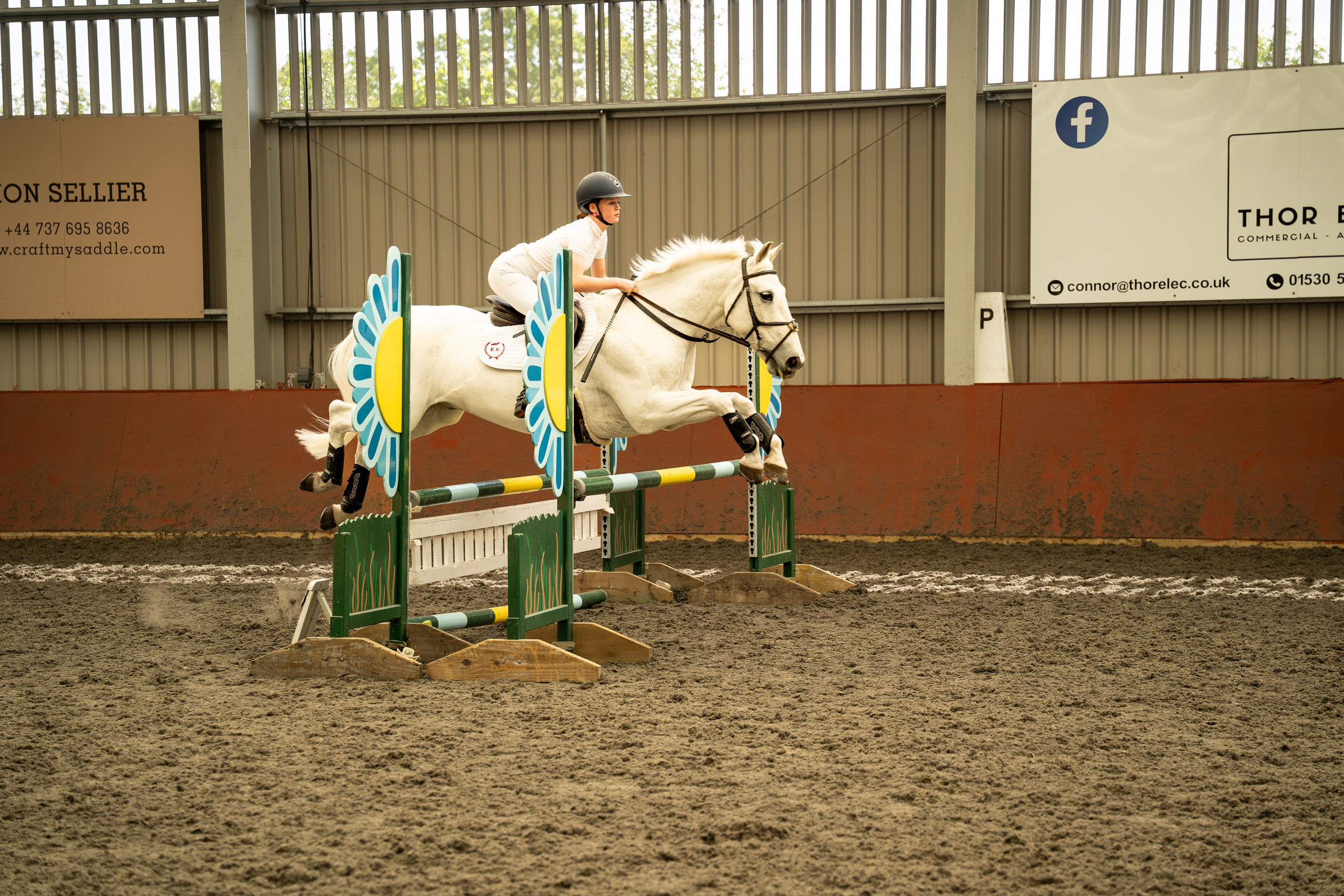 Graceful moment as rider and white horse soar through final jump of the day