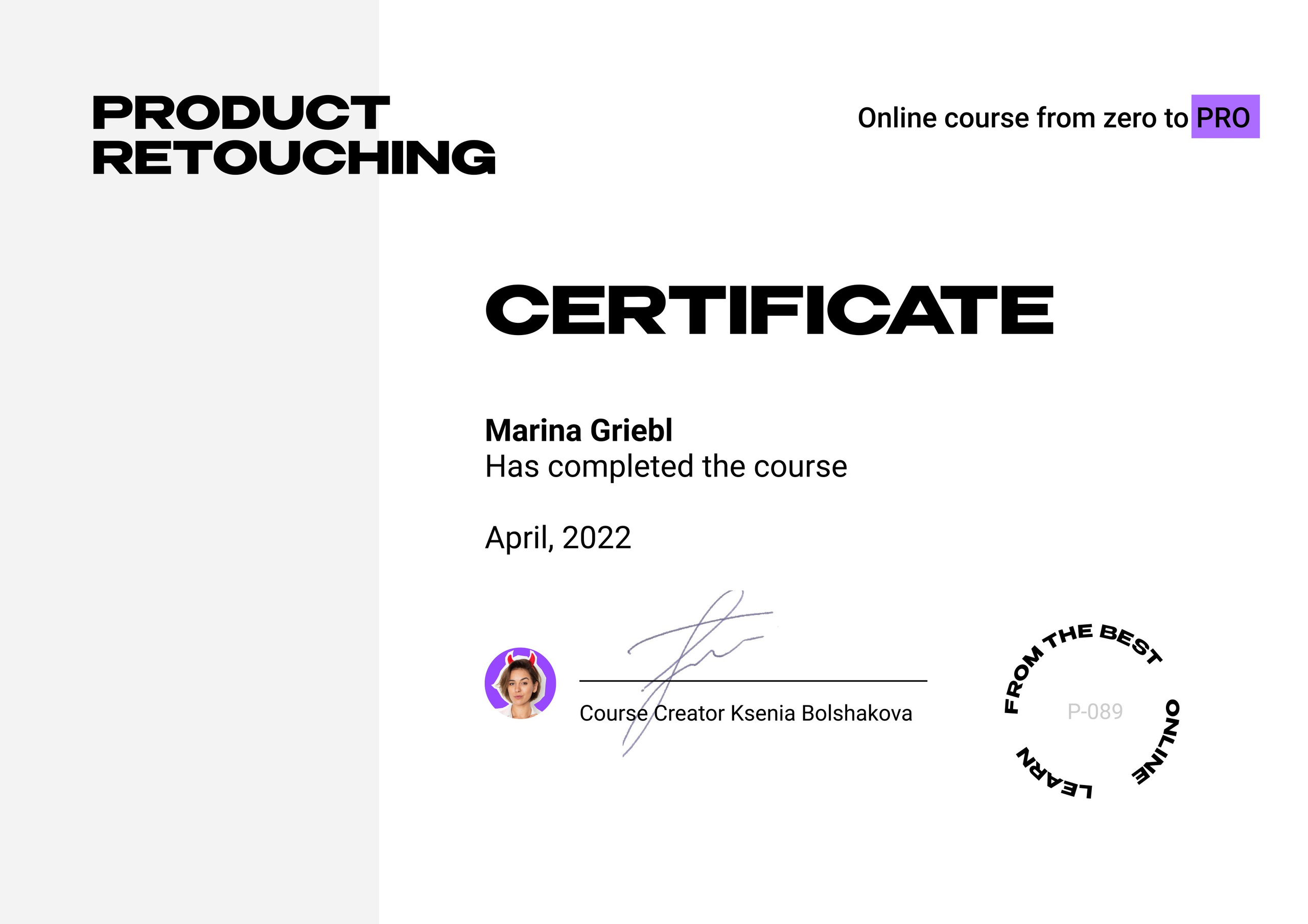 Professionelles Retusche-Diplom, verliehen an Marina Griebl, Ausbildung in Bildbearbeitung und Fotoretusche