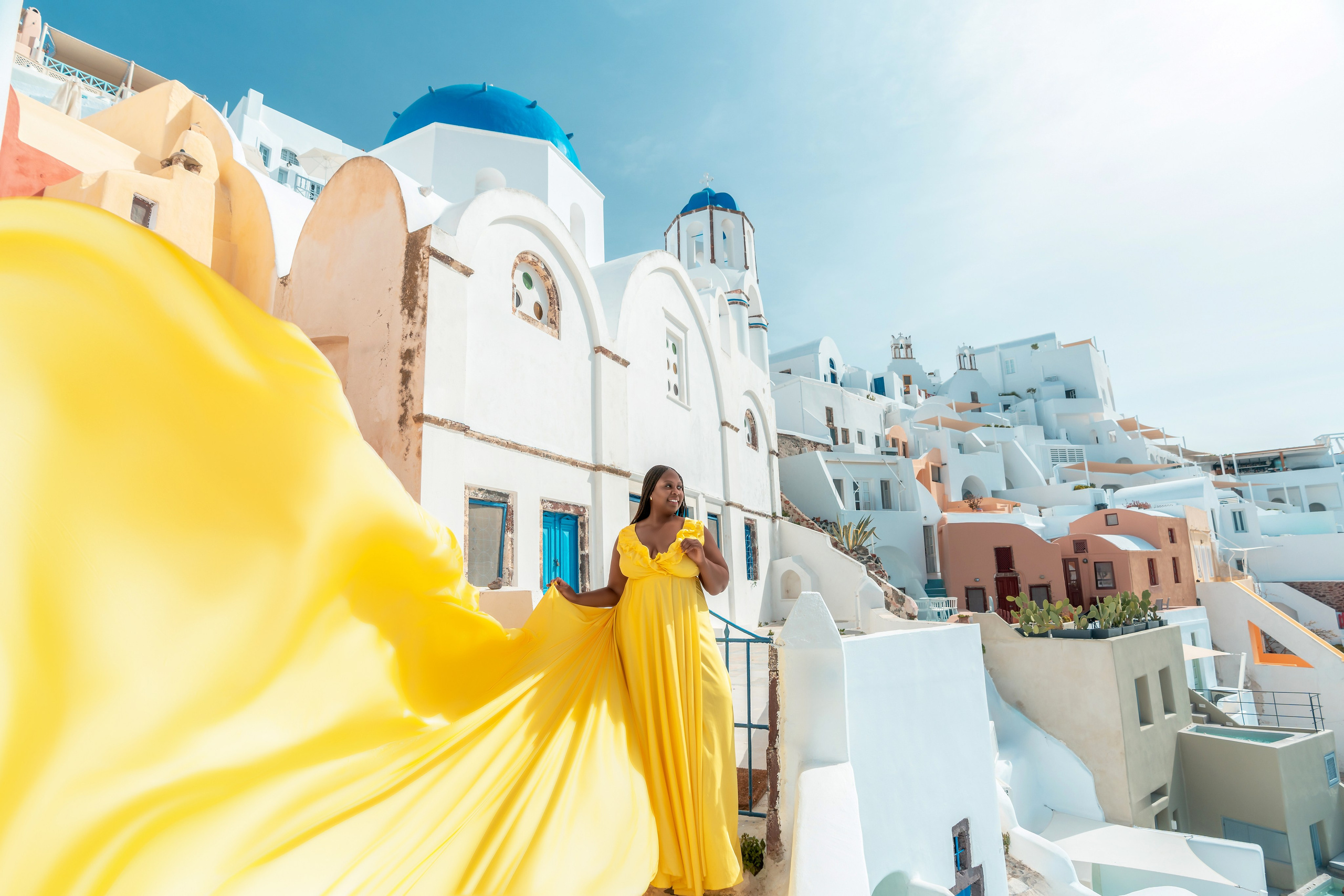 Yellow Dress with Ruffles V-Shaped Back plus size— Rent Santorini Photoshoot Gown. Photographer in Santorini SokoLOVE Alex| Flying Dress Santorini