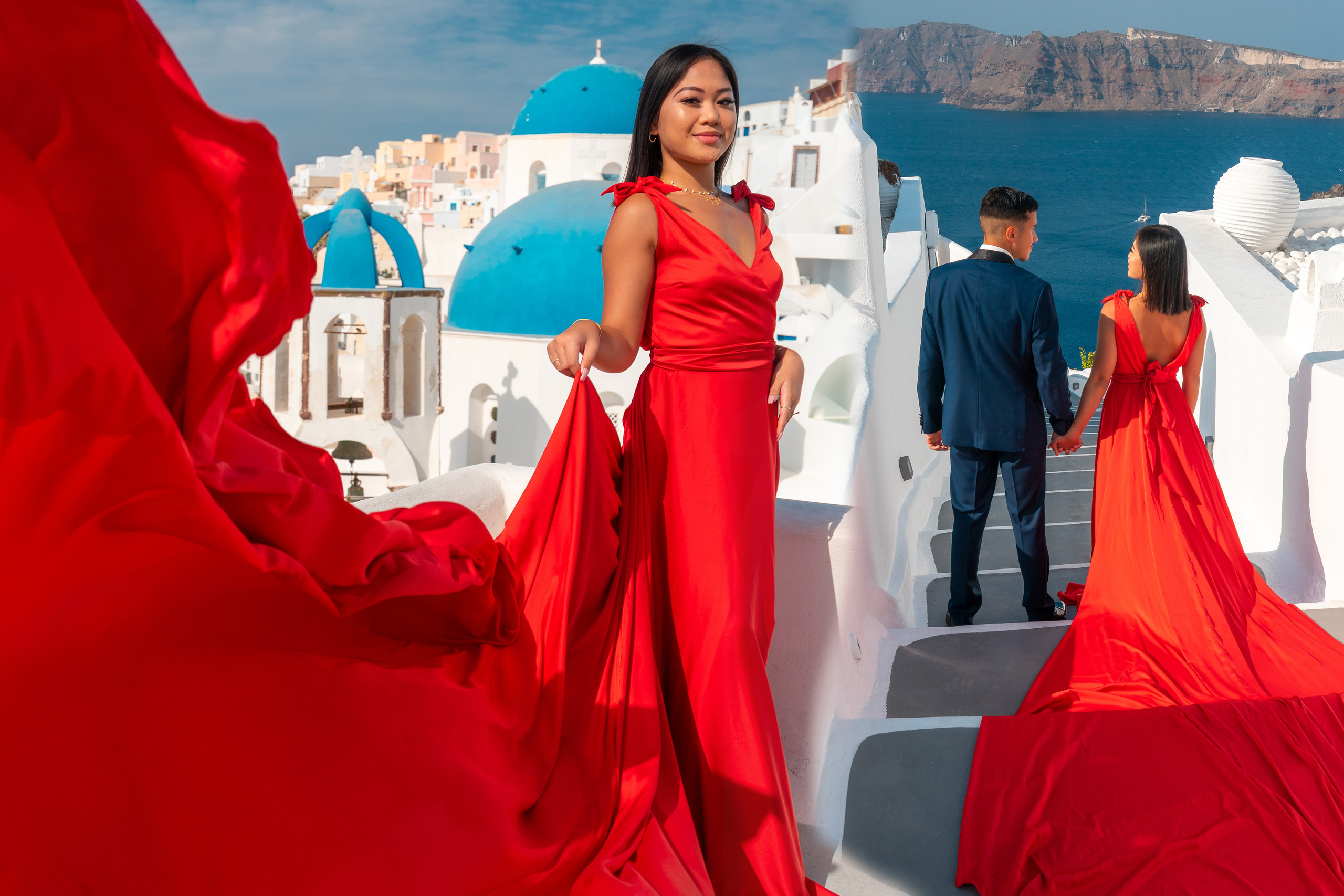 Robe volante rouge à Santorin - Dos en V, Tailles XS-XL, Location à 100 euros. Photographe vidéaste à Santorin|Séances photos de Robe volante Santorin|