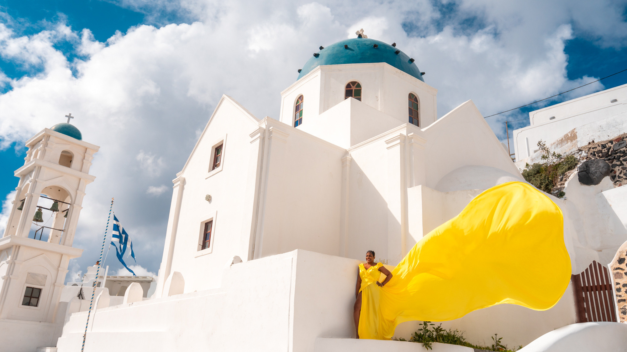 Yellow Dress with Ruffles V-Shaped Back plus size— Rent Santorini Photoshoot Gown. Photographer in Santorini SokoLOVE Alex| Flying Dress Santorini