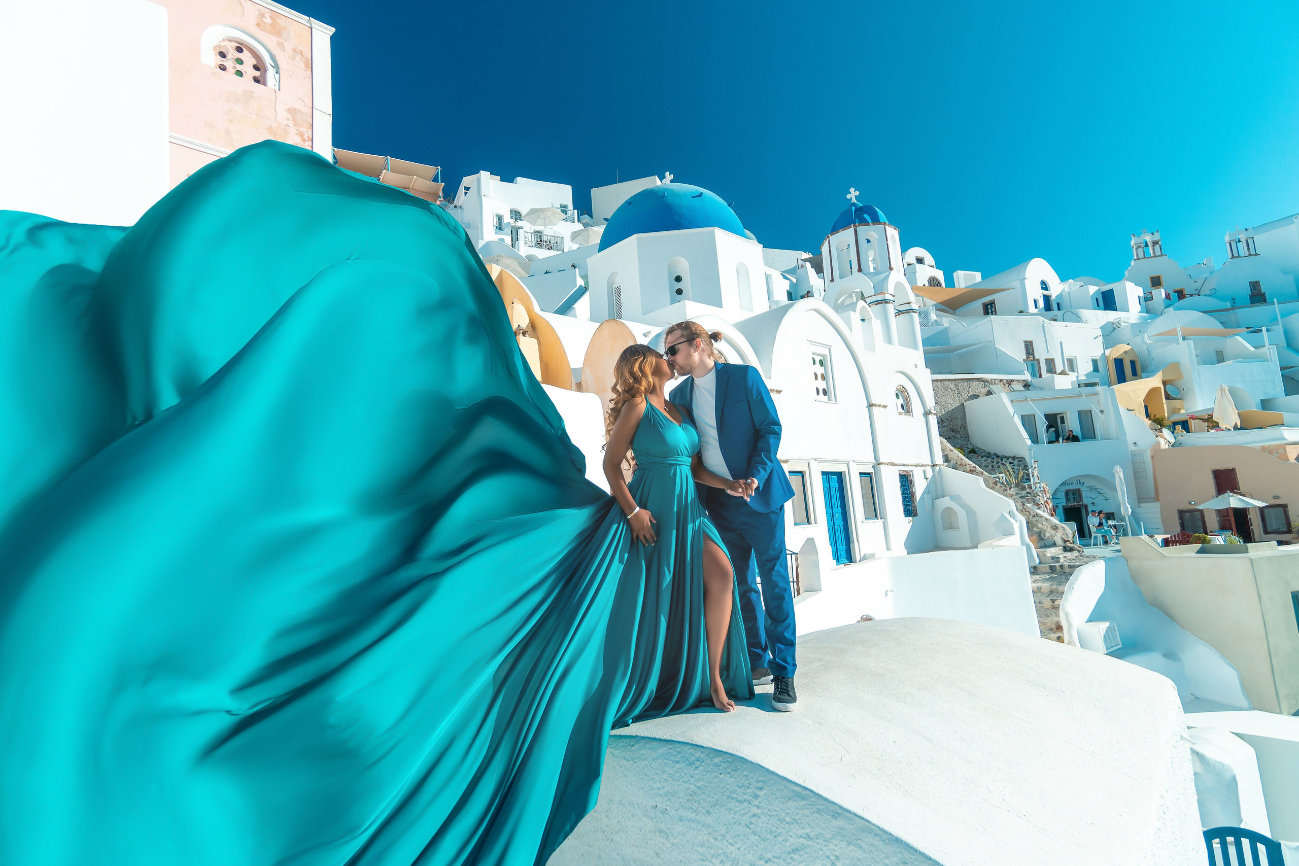 Dark Green Flying Dress Backless Santorini Photoshoot Gown. Photographer in Santorini SokoLOVE Alex| Flying Dress Santorini