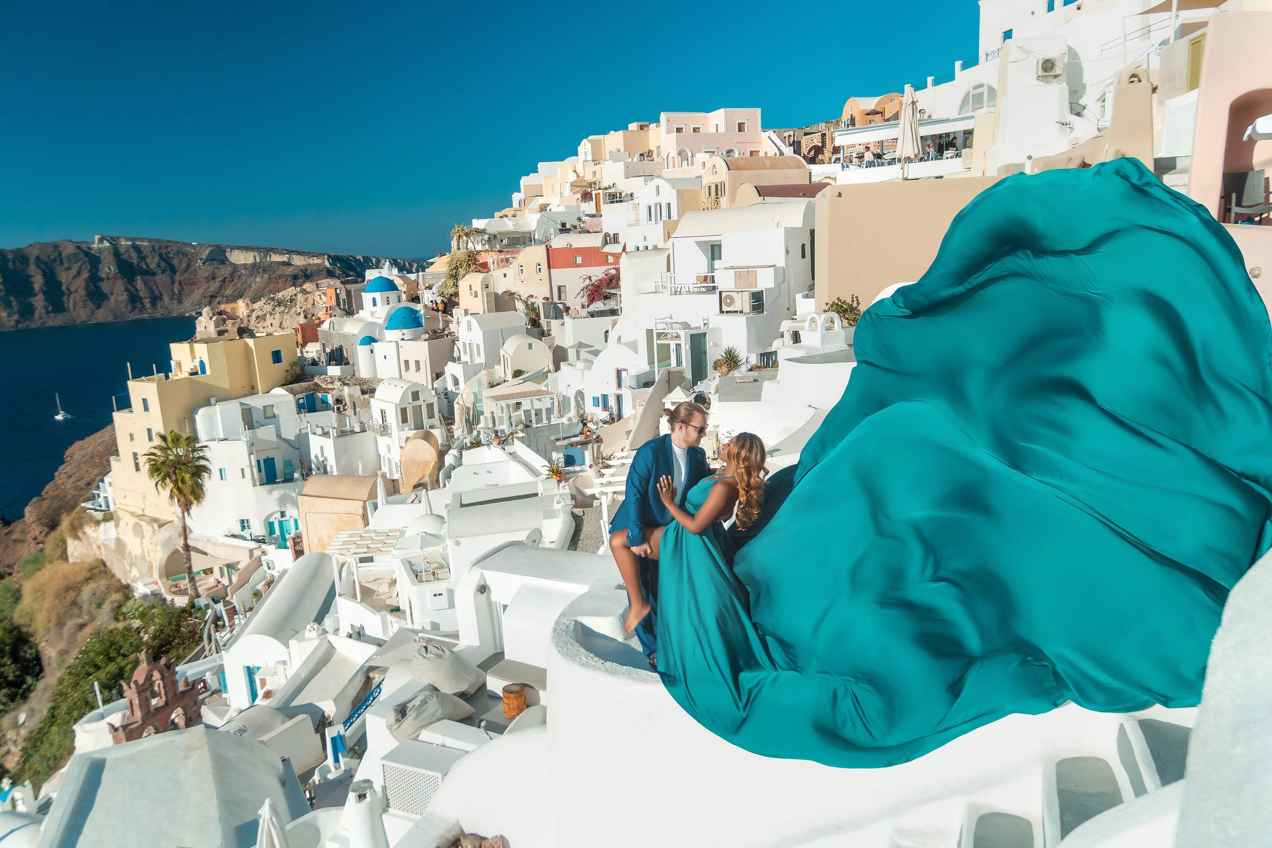 Dark Green Flying Dress Backless Santorini Photoshoot Gown. Photographer in Santorini SokoLOVE Alex| Flying Dress Santorini