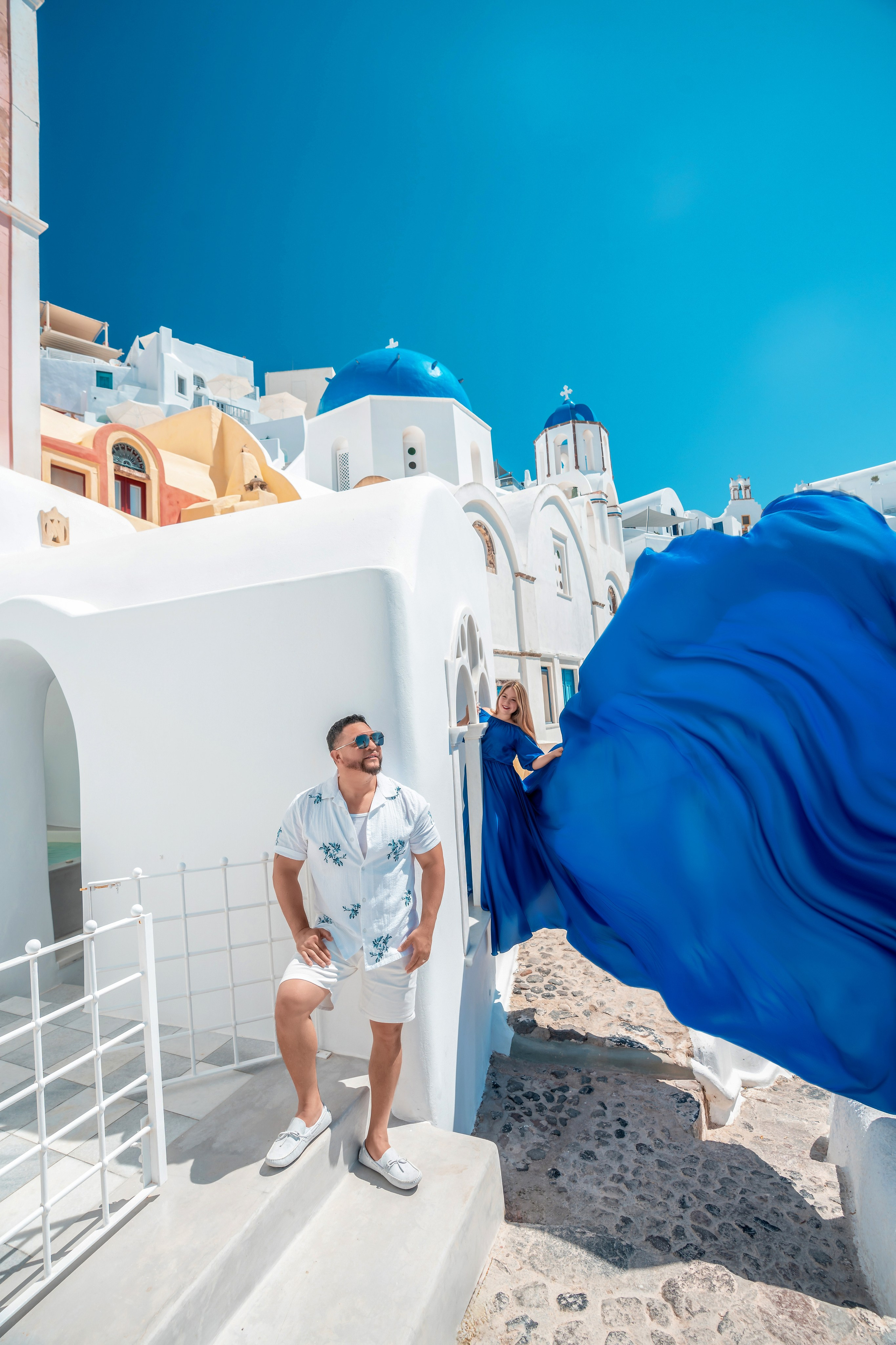 Royal Blue Flying Dress with Short Sleeves (XS-L) — Elegant Santorini Photoshoot Gown. Photographer in Santorini SokoLOVE Alex| Flying Dress Santorini