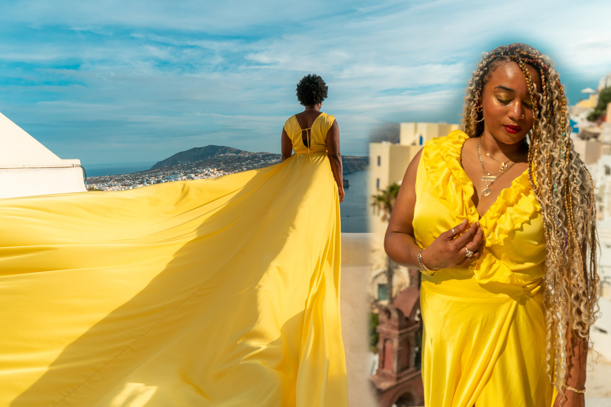 Yellow Dress with Ruffles V-Shaped Back plus size— Rent Santorini Photoshoot Gown. Photographer in Santorini SokoLOVE Alex| Flying Dress Santorini