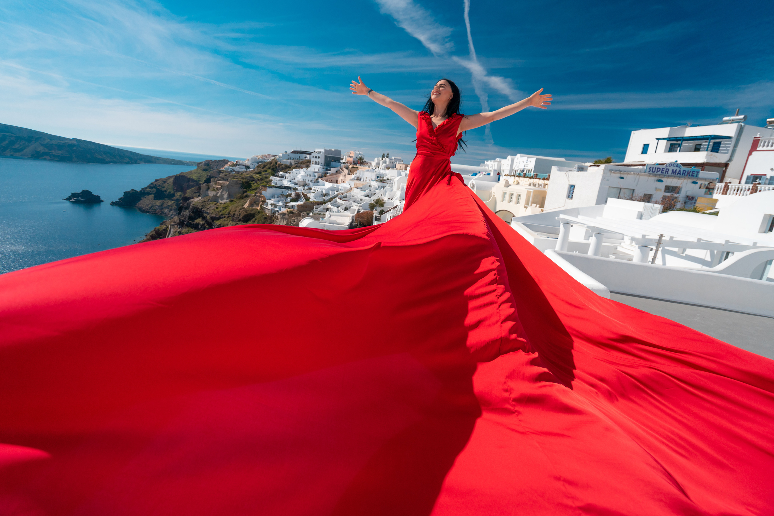 Red Plus Size Flying Dress with Ruffles & V-Shaped Back | Santorini Photo Session. Photographer in Santorini SokoLOVE Alex| Flying Dress Santorini