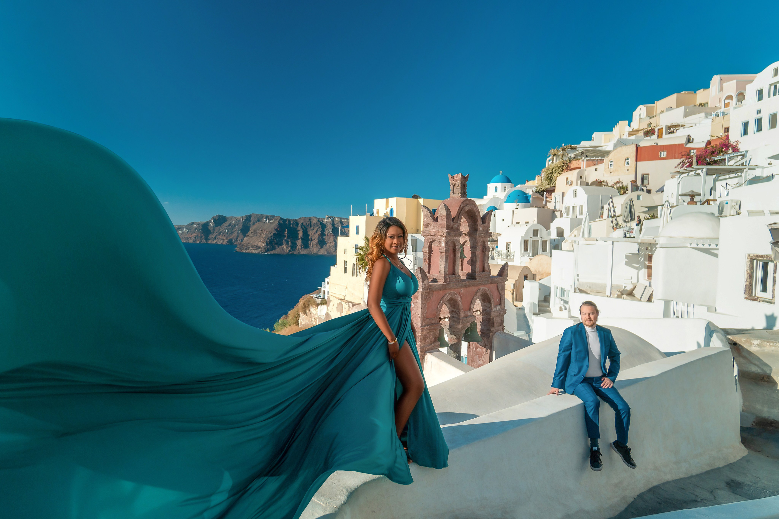 Dark Green Flying Dress Backless Santorini Photoshoot Gown. Photographer in Santorini SokoLOVE Alex| Flying Dress Santorini