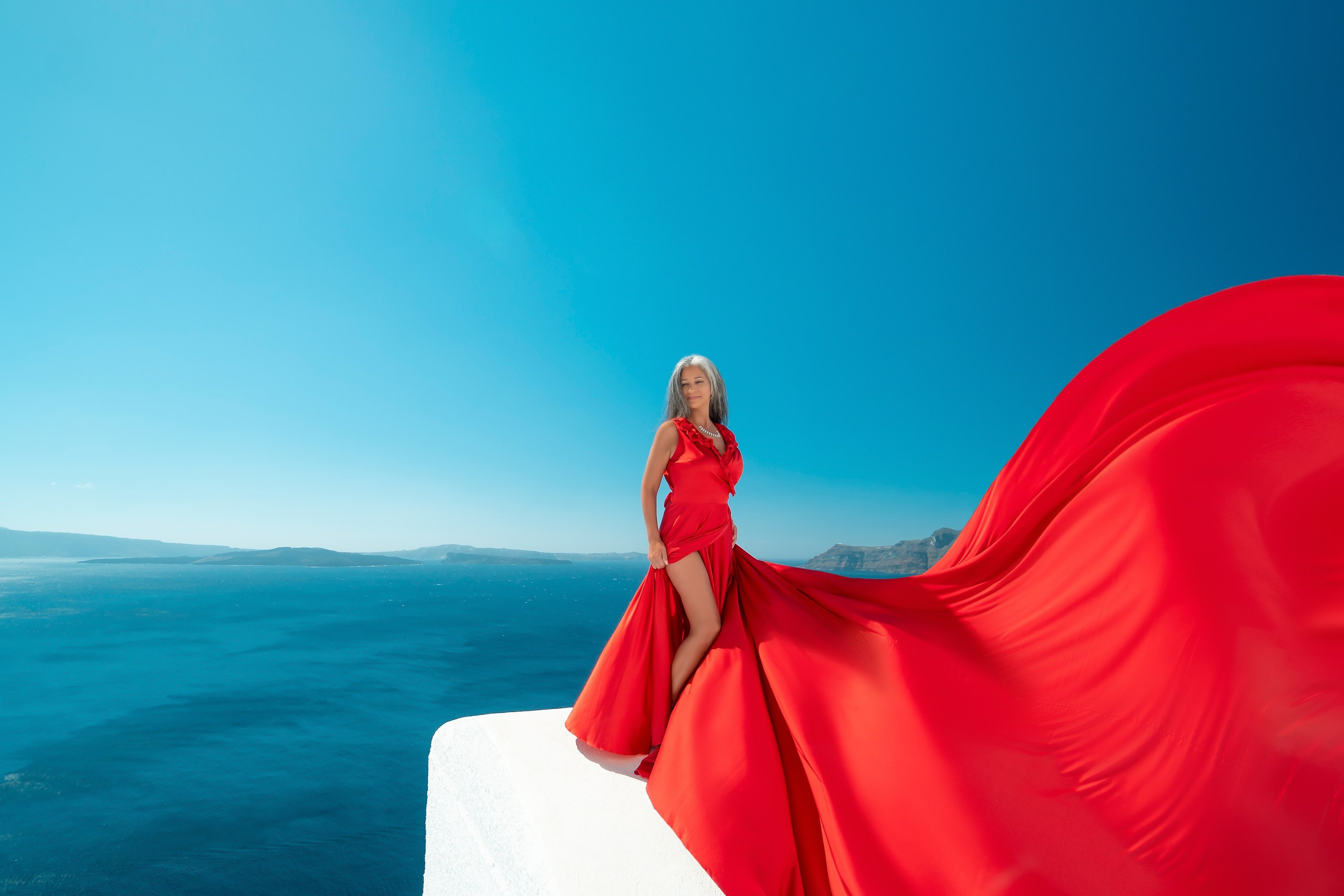Red Plus Size Flying Dress with Ruffles & V-Shaped Back | Santorini Photo Session. Photographer in Santorini SokoLOVE Alex| Flying Dress Santorini