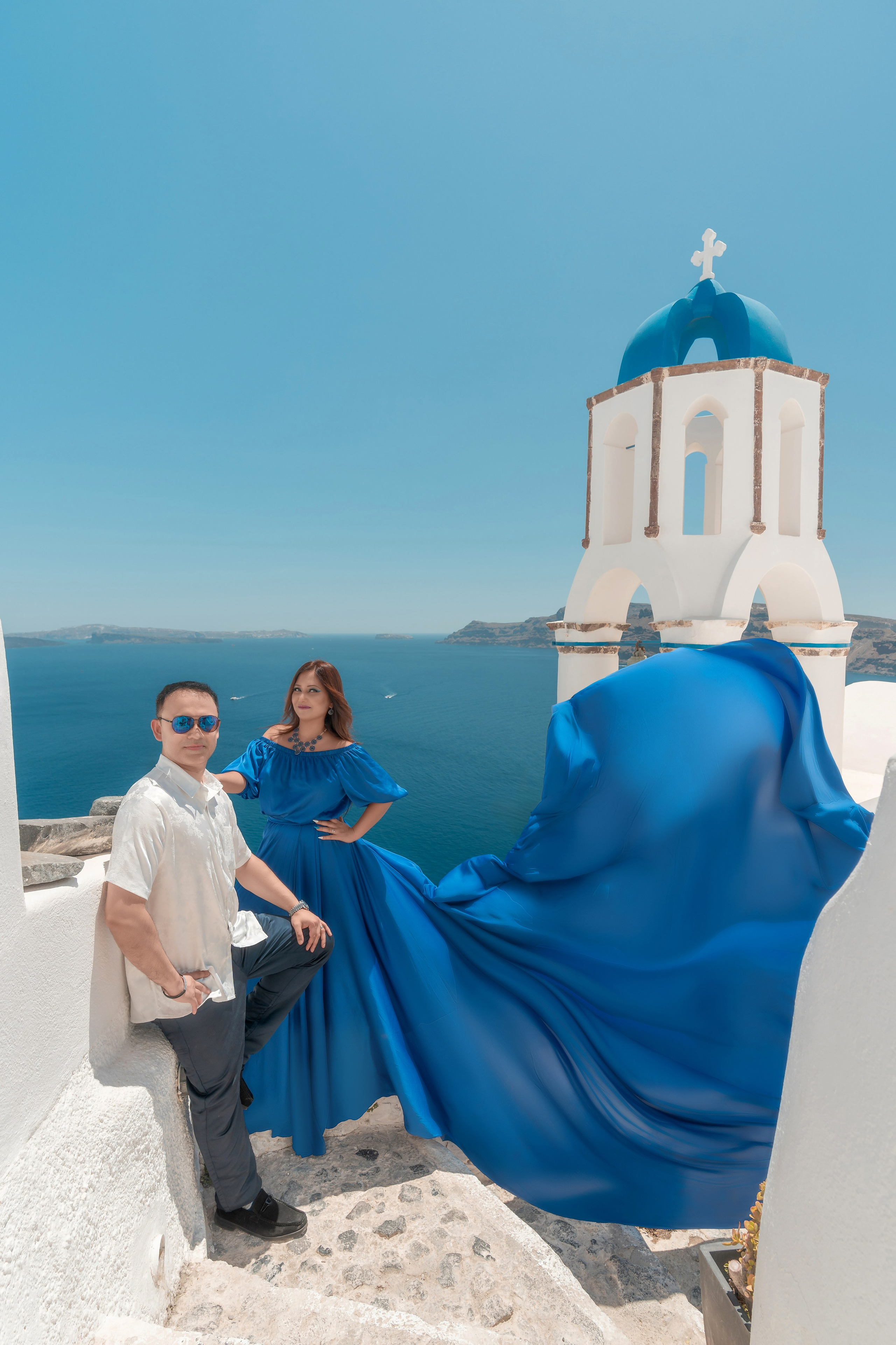 Royal Blue Flying Dress with Short Sleeves (XS-L) — Elegant Santorini Photoshoot Gown. Photographer in Santorini SokoLOVE Alex| Flying Dress Santorini
