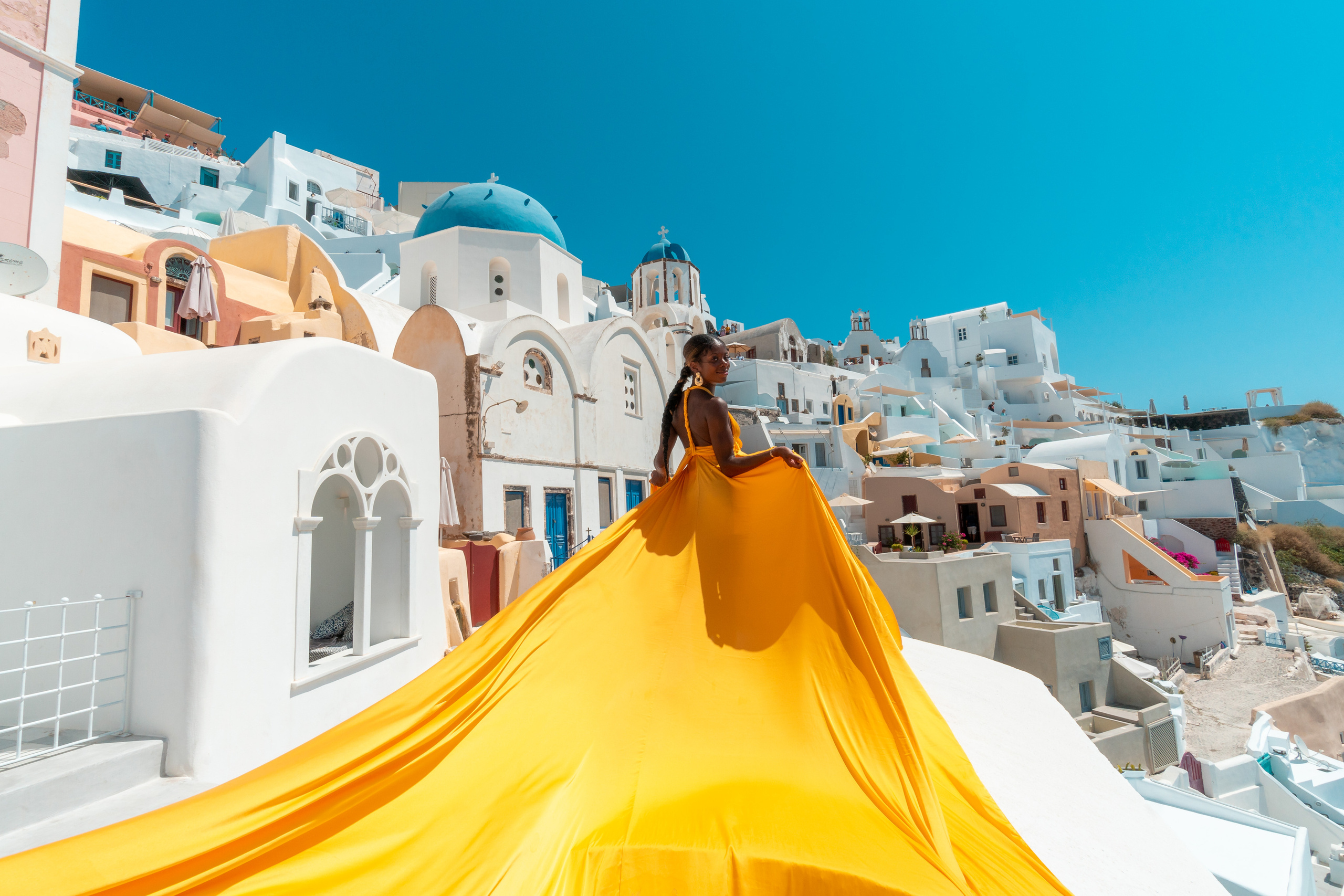 Yellow Flying Dress — Rent for Photoshoots in Santorini — Stunning Flowing Gown. Photographer in Santorini SokoLOVE Alex| Flying Dress Santorini