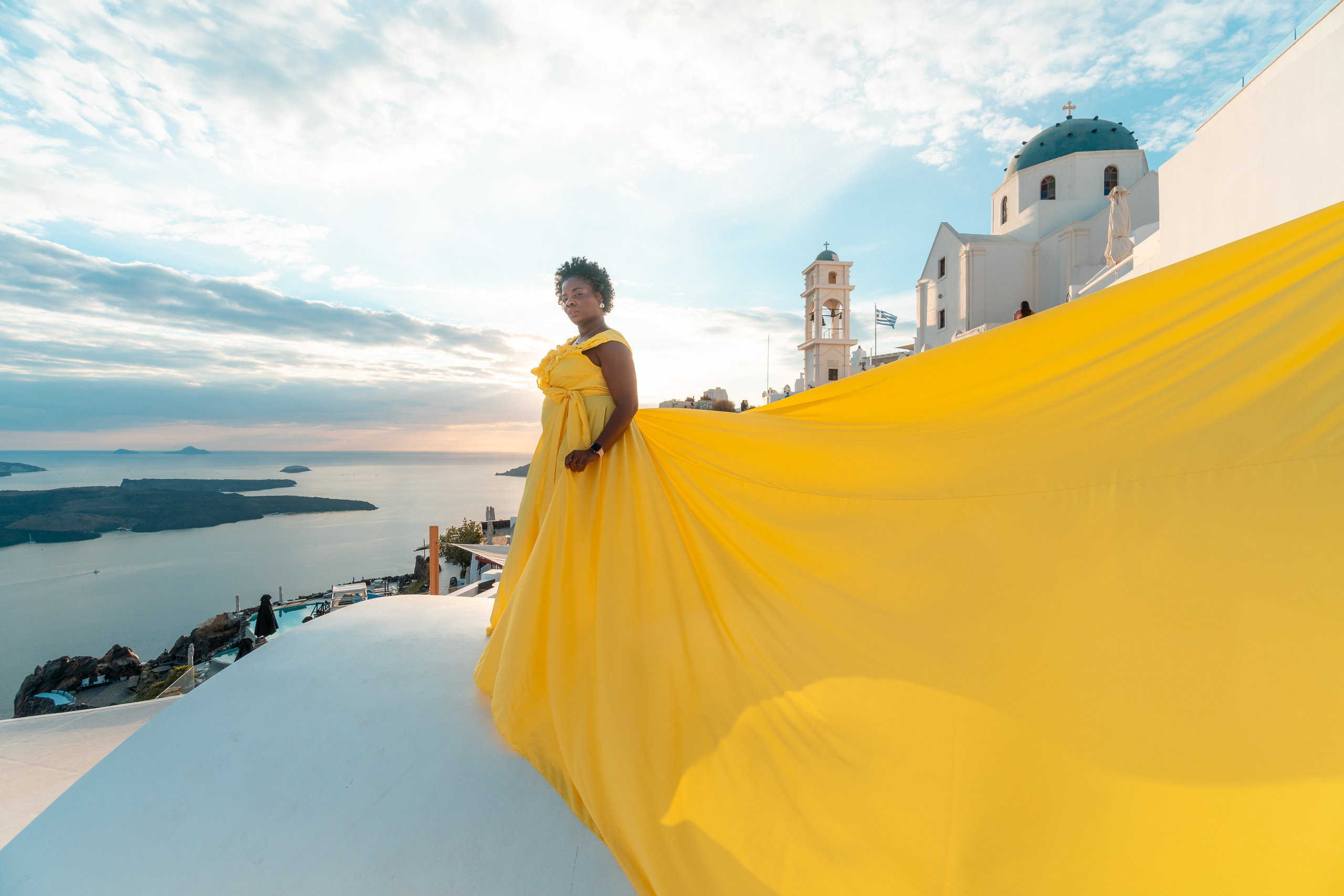 Yellow Dress with Ruffles V-Shaped Back plus size— Rent Santorini Photoshoot Gown. Photographer in Santorini SokoLOVE Alex| Flying Dress Santorini