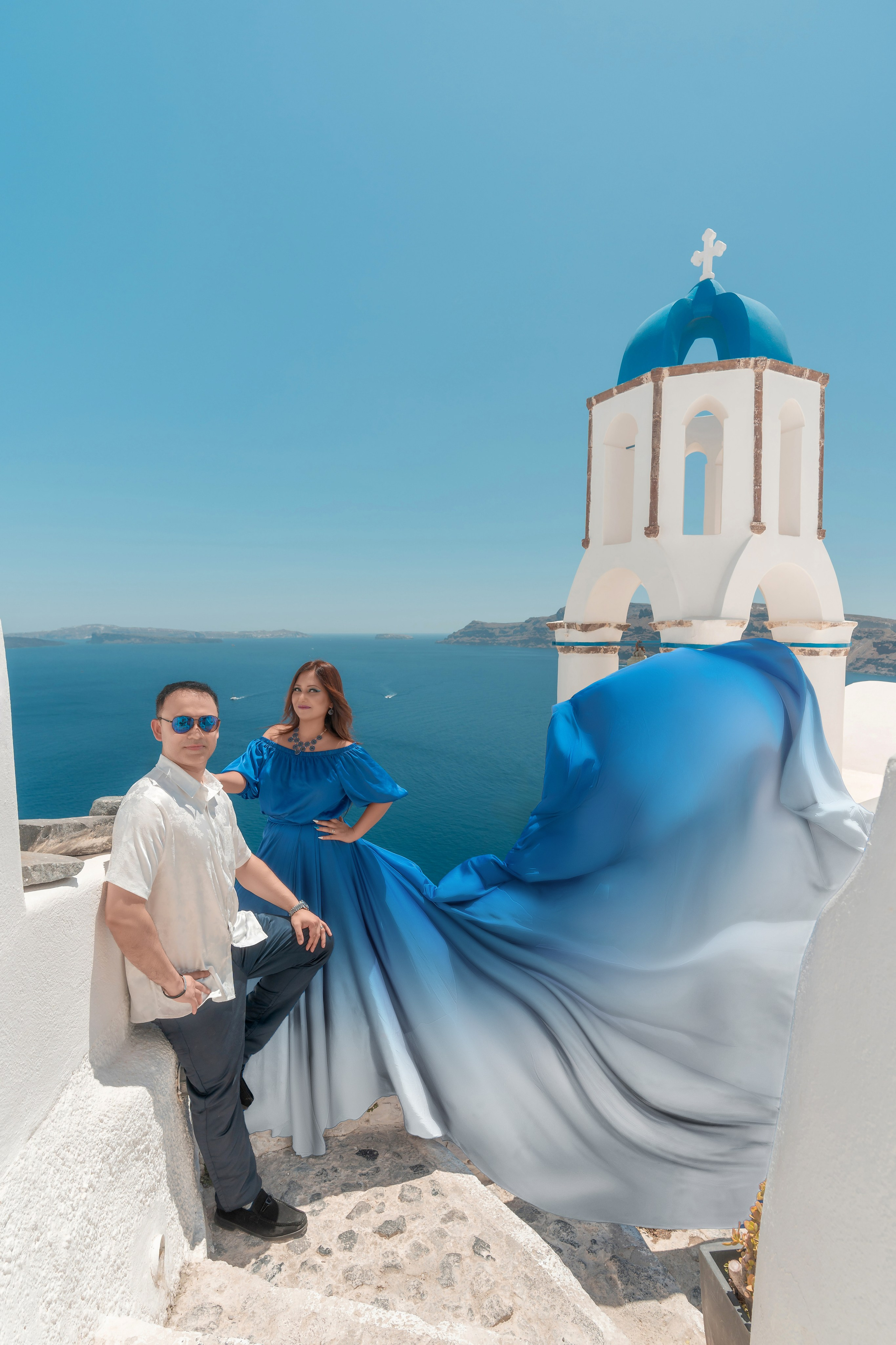 Royal Blue Flying Dress with Short Sleeves (XS-L) — Elegant Santorini Photoshoot Gown. Photographer in Santorini SokoLOVE Alex| Flying Dress Santorini