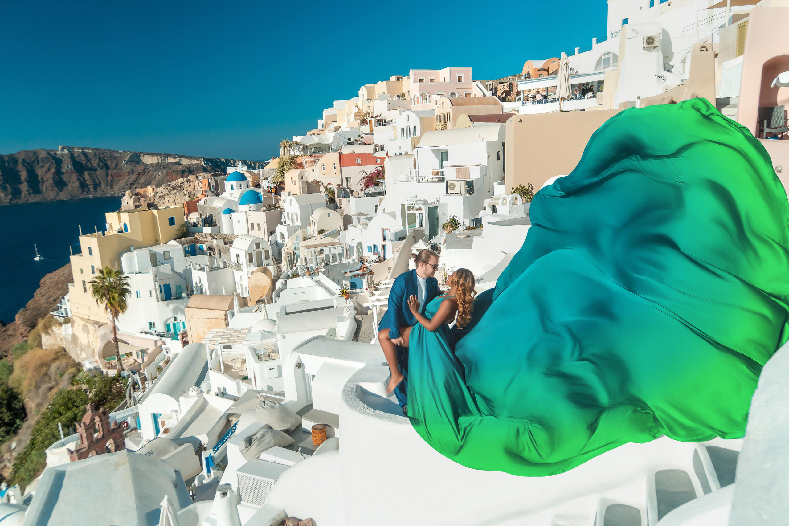 Dark Green Flying Dress Backless Santorini Photoshoot Gown. Photographer in Santorini SokoLOVE Alex| Flying Dress Santorini