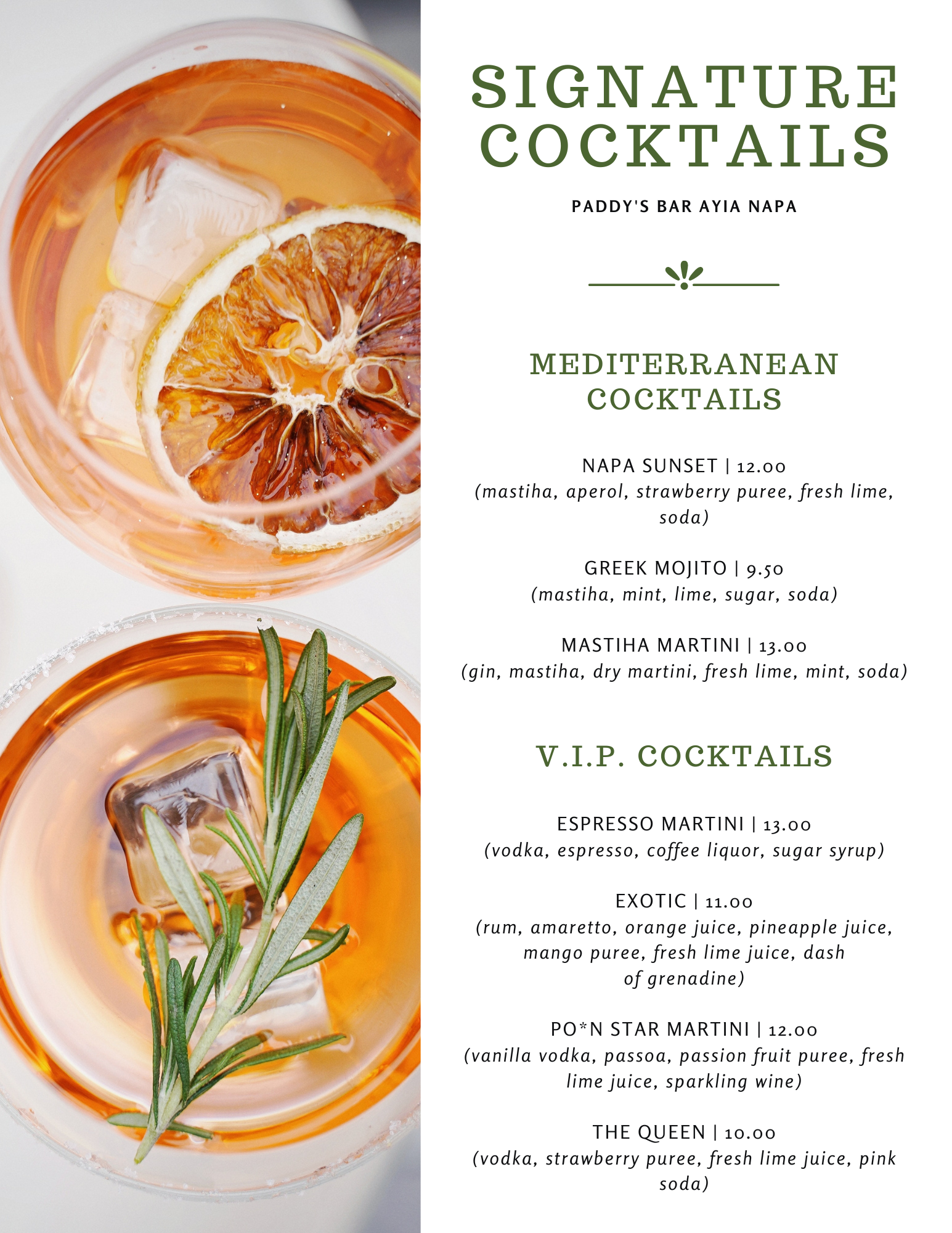 Menu. Paddy’s Bar Ayia Napa