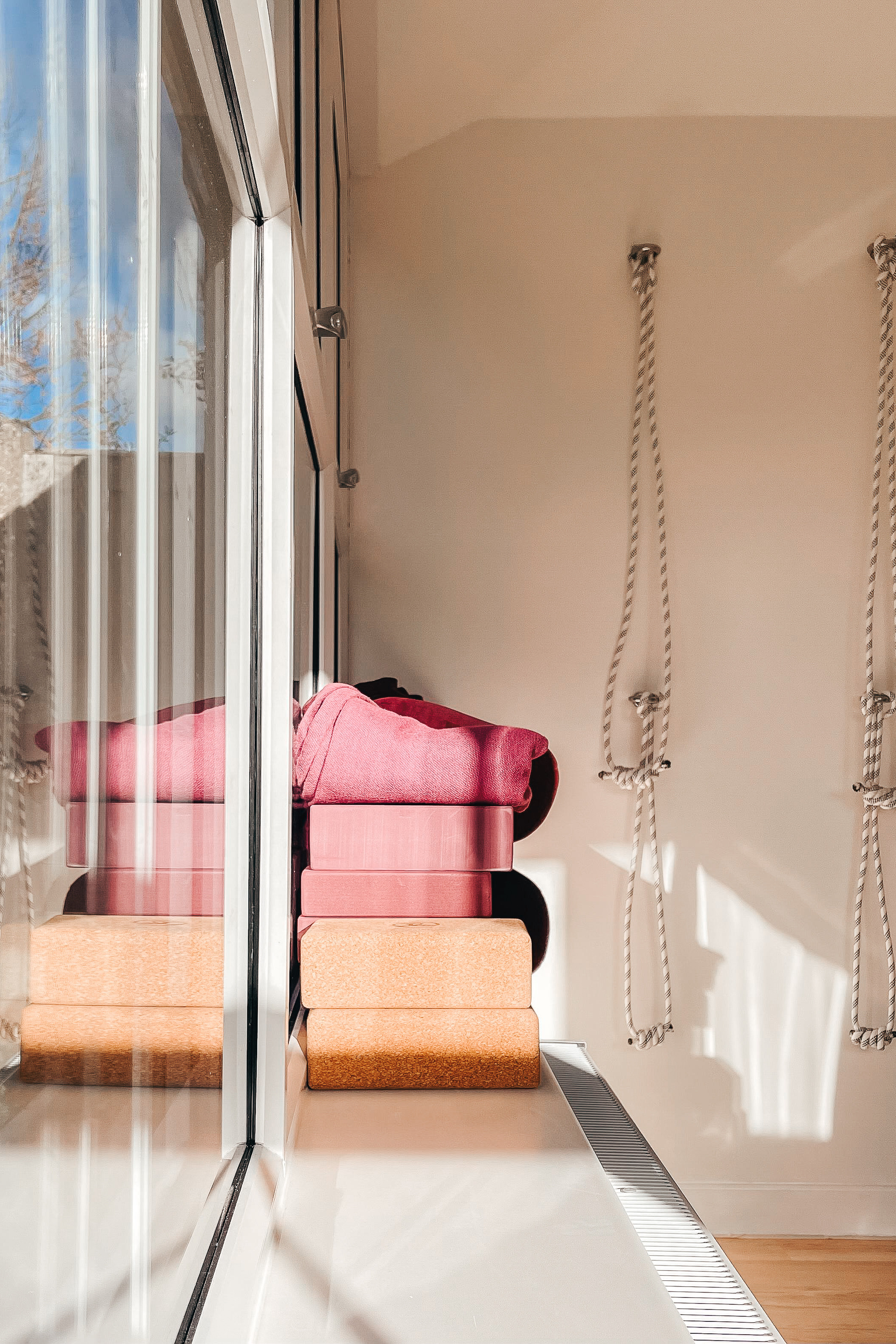 Bricks and blankets in Iyengar Yoga studio Solihull. 